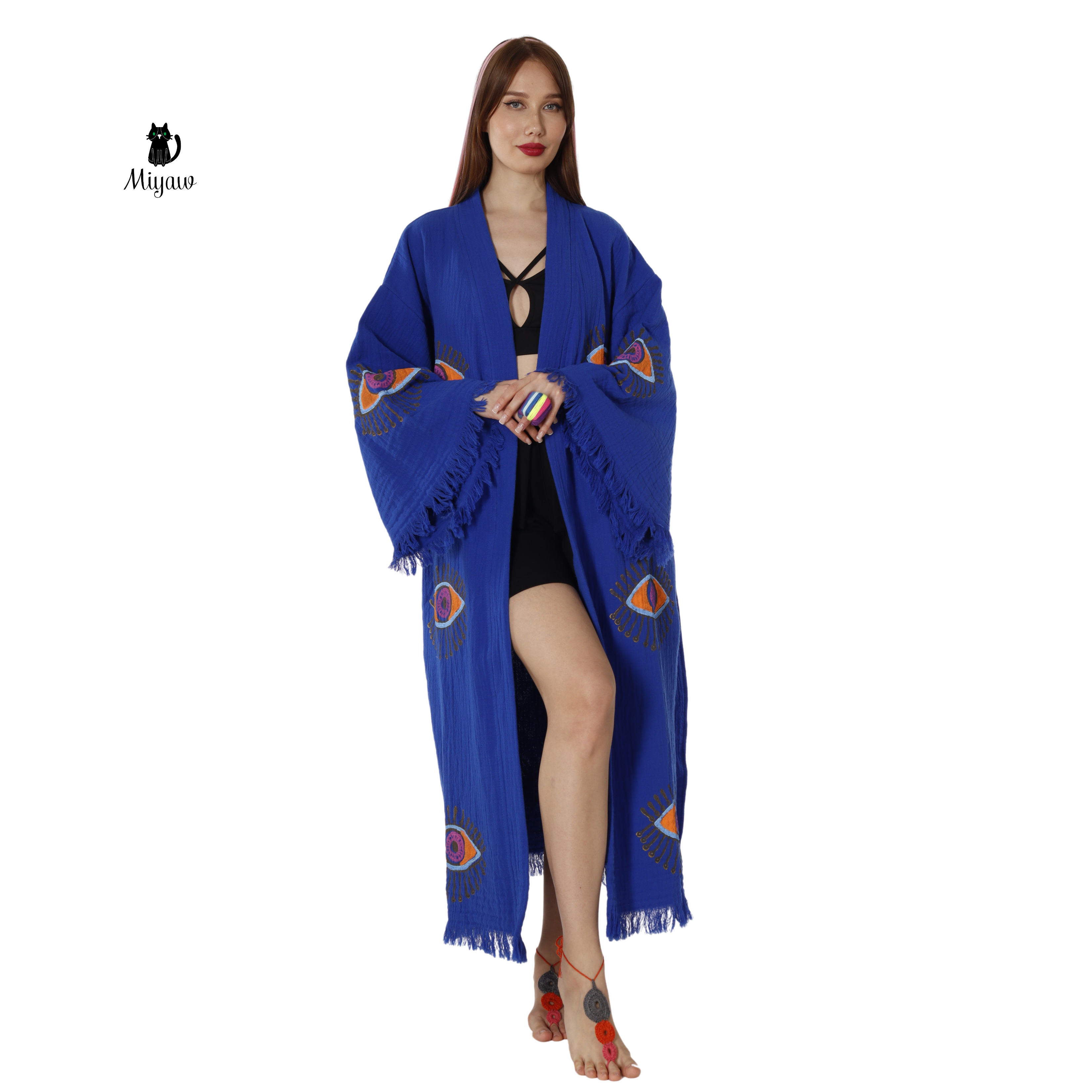 Handmade Blue Protective-eye Kimono Robe for Resort