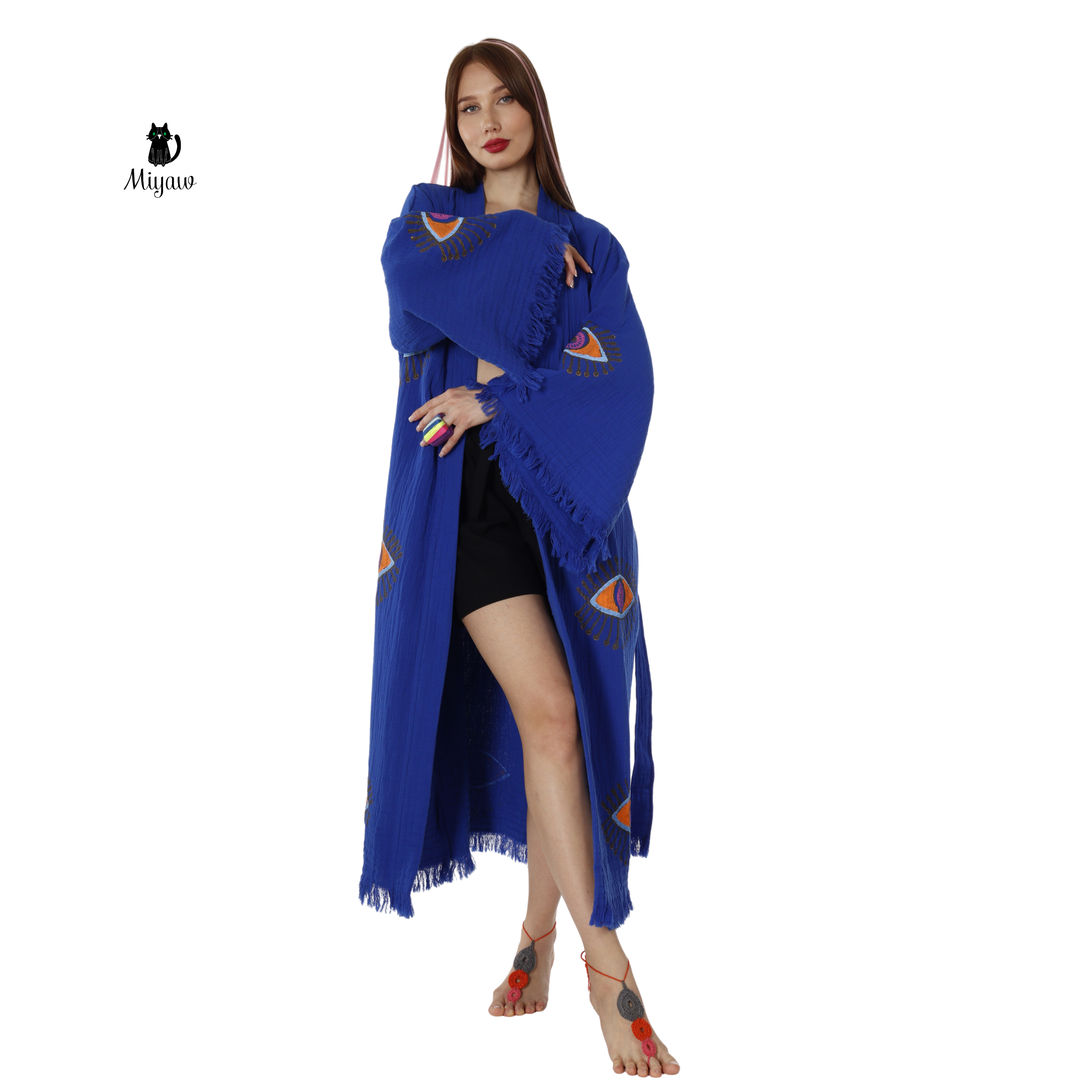 Handmade Blue Protective-eye Kimono Robe for Resort