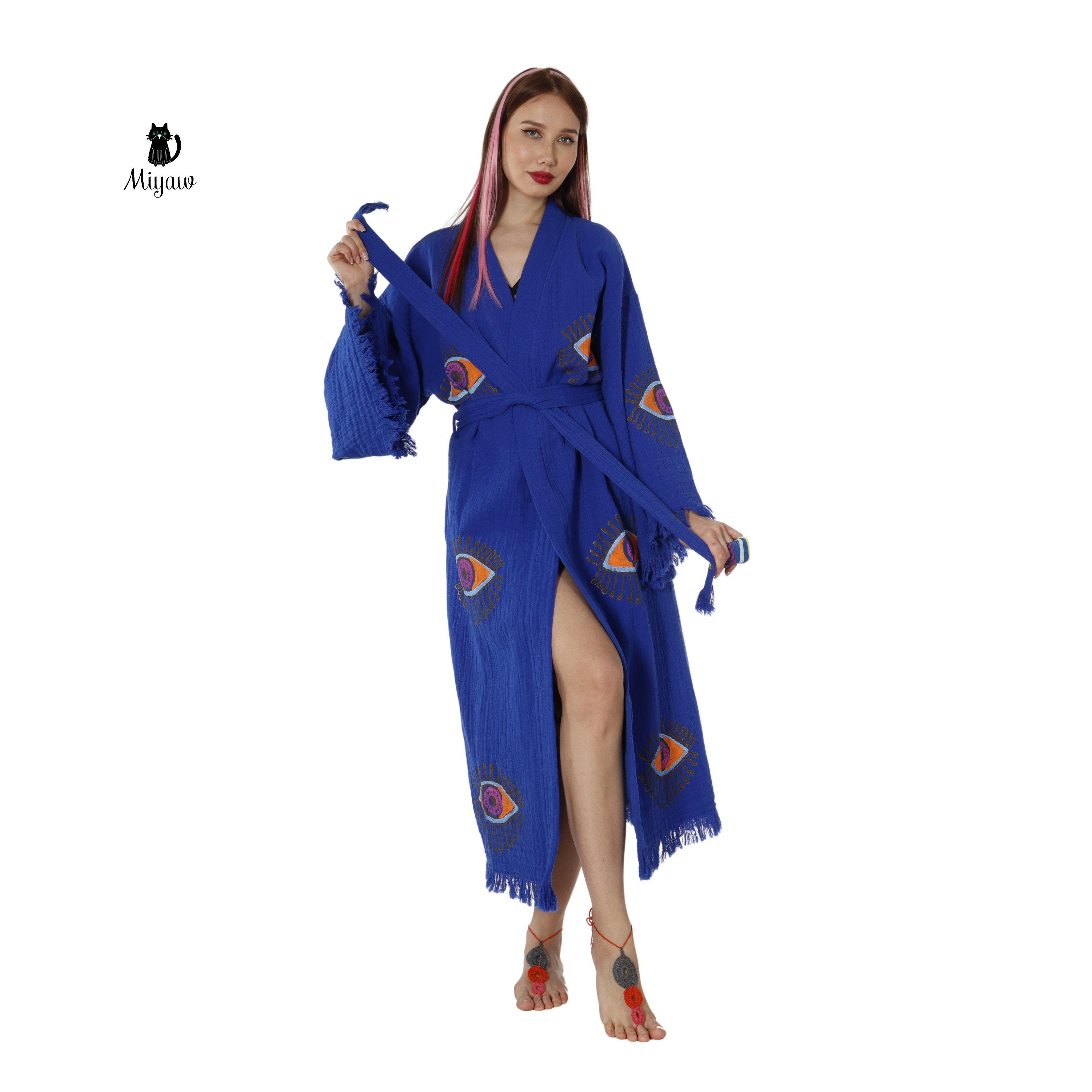 Handmade Blue Protective-eye Kimono Robe for Resort