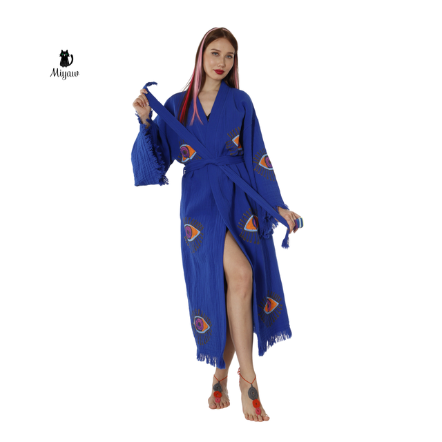 Handmade Blue Protective-eye Kimono Robe for Resort