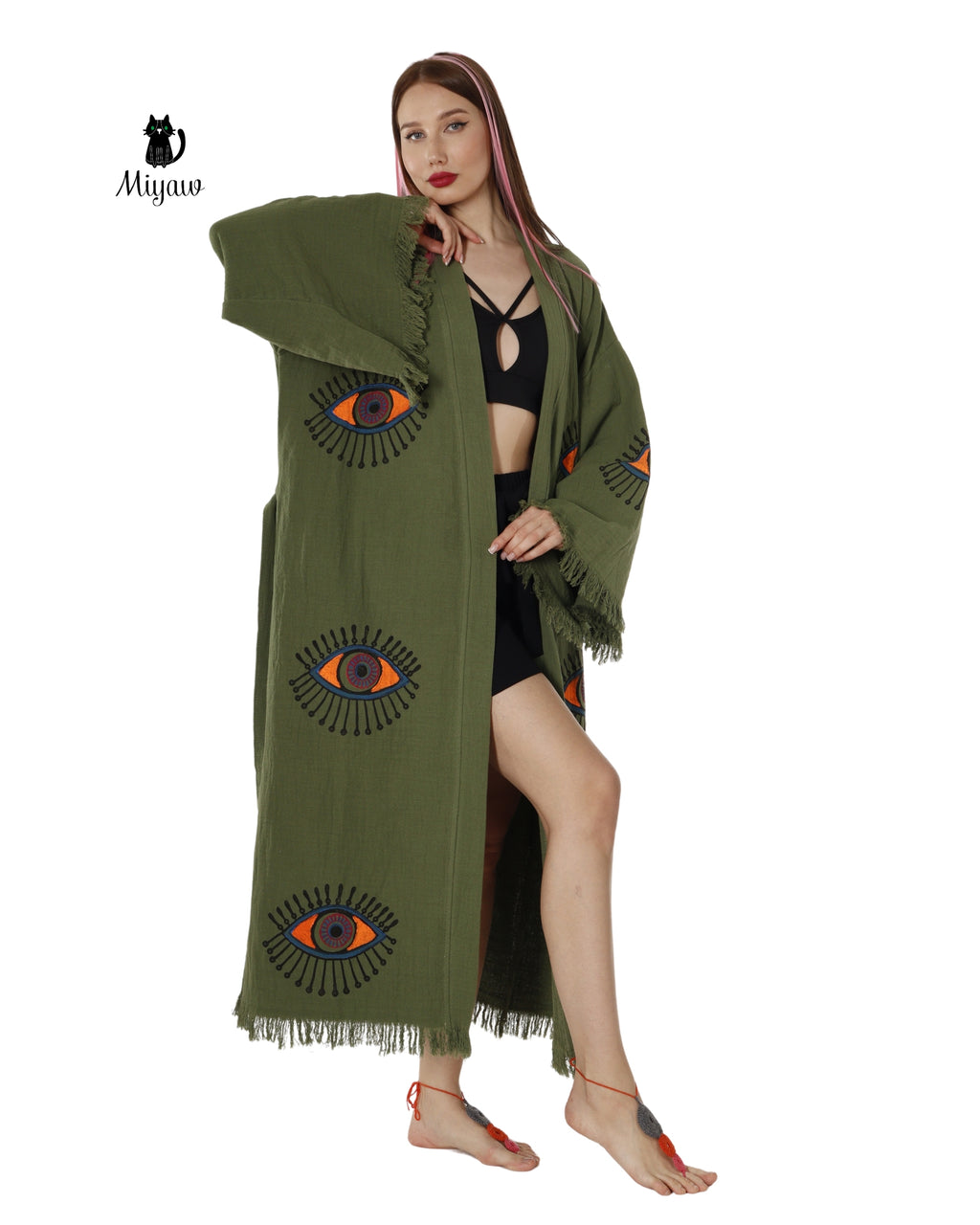 Boho Chic Green Organic Cotton Robe with Evil Eye Print
