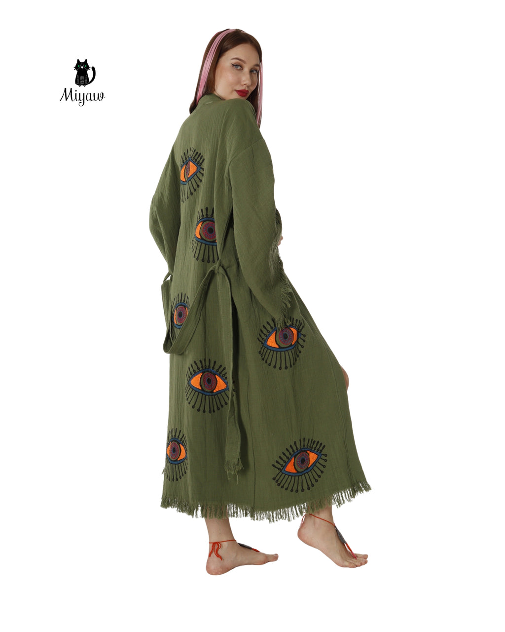 Boho Chic Green Organic Cotton Robe with Evil Eye Print