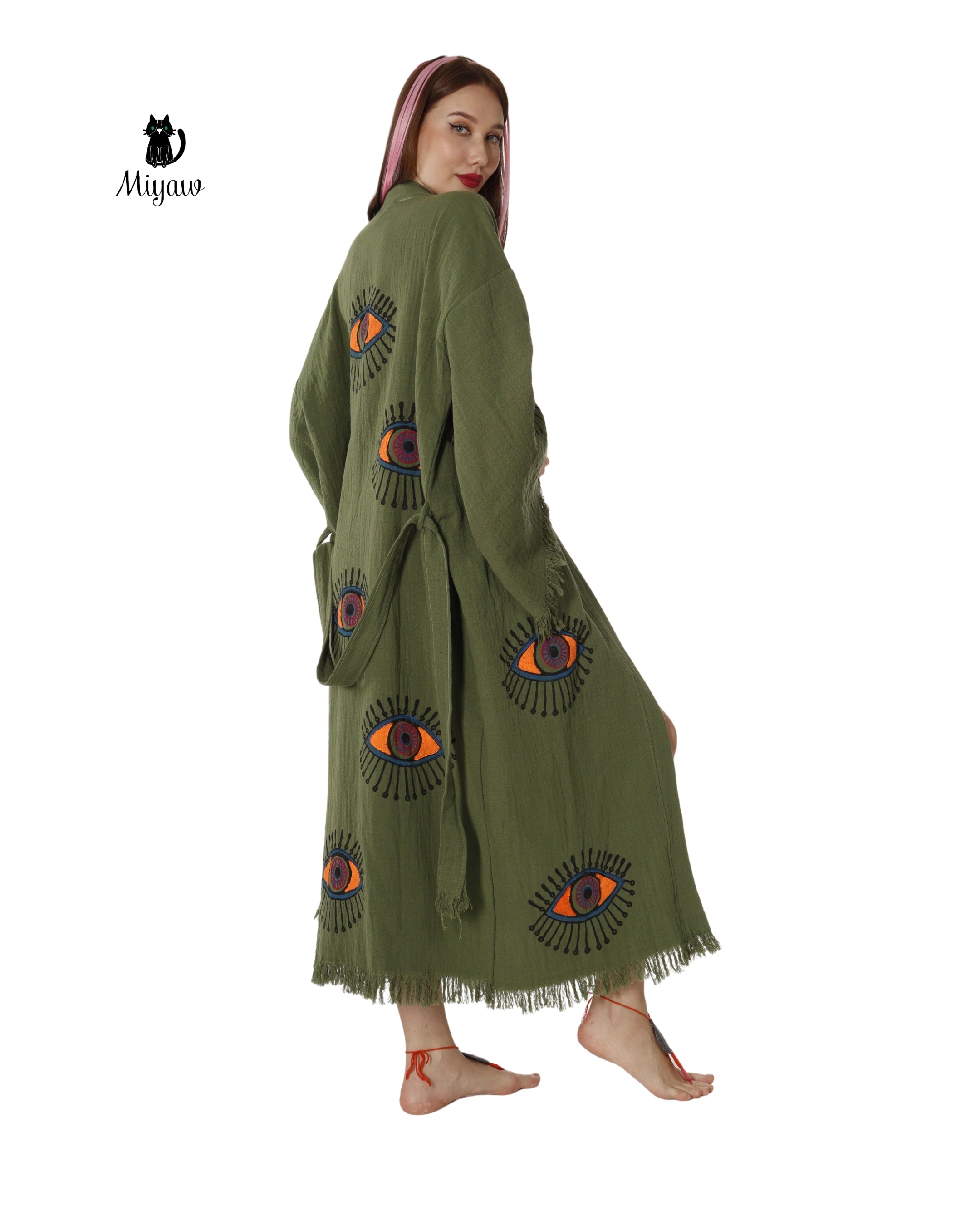 Boho Chic Green Organic Cotton Robe with Evil Eye Print