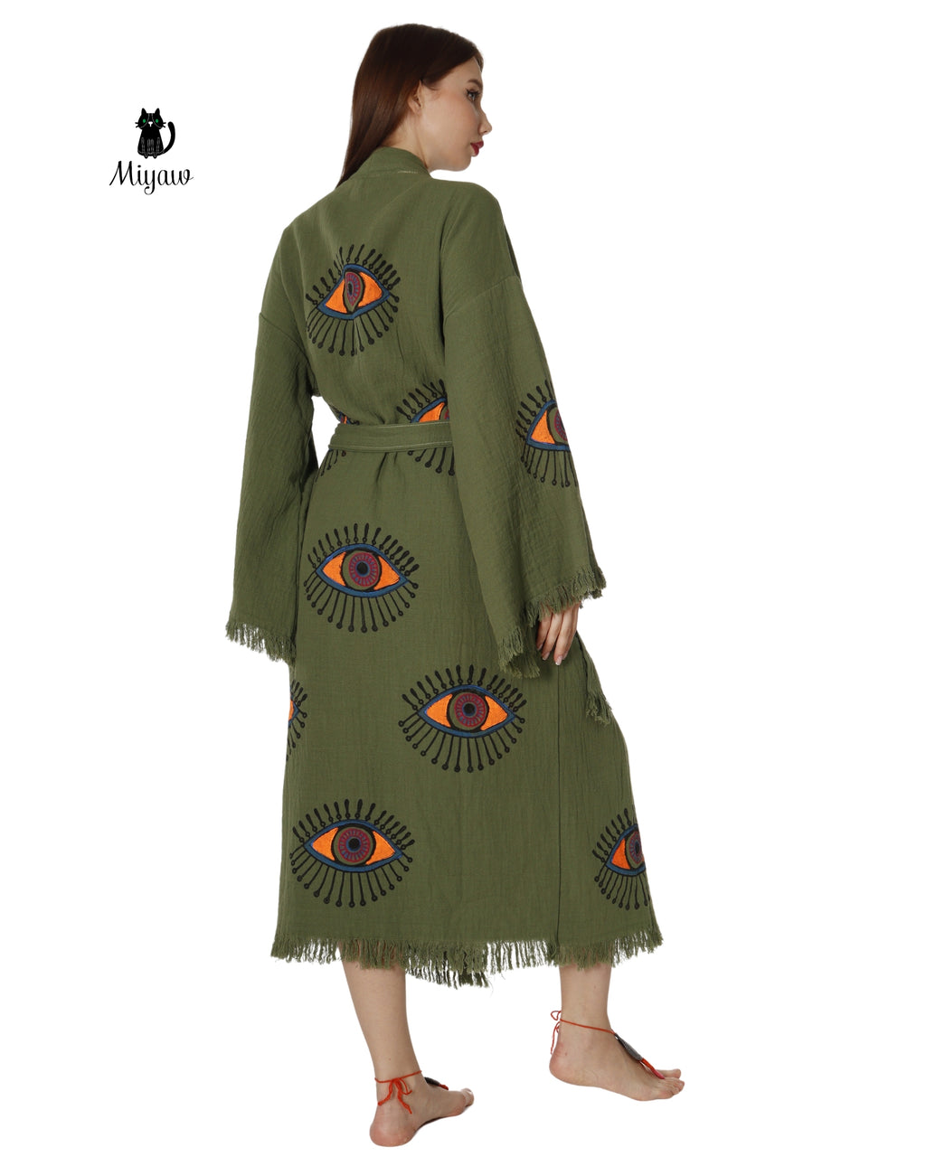Boho Chic Green Organic Cotton Robe with Evil Eye Print