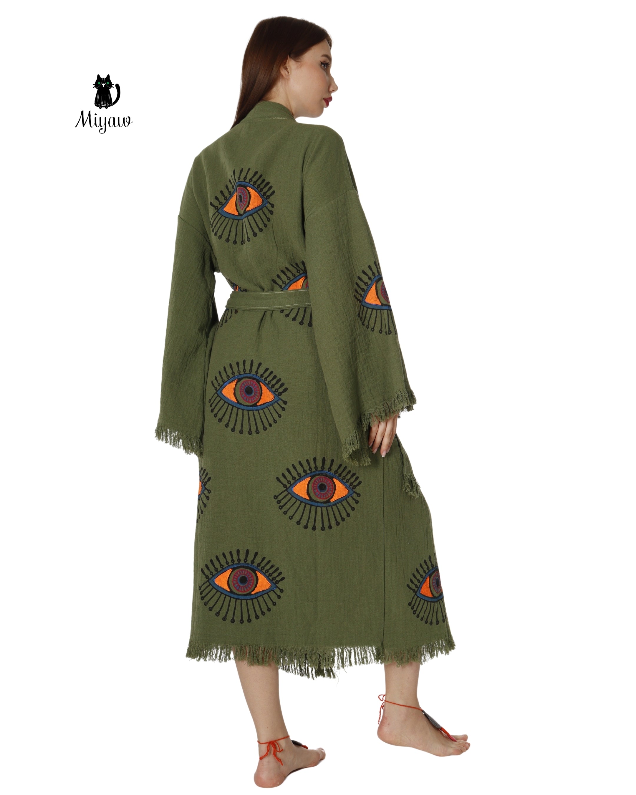 Boho Chic Green Organic Cotton Robe with Evil Eye Print