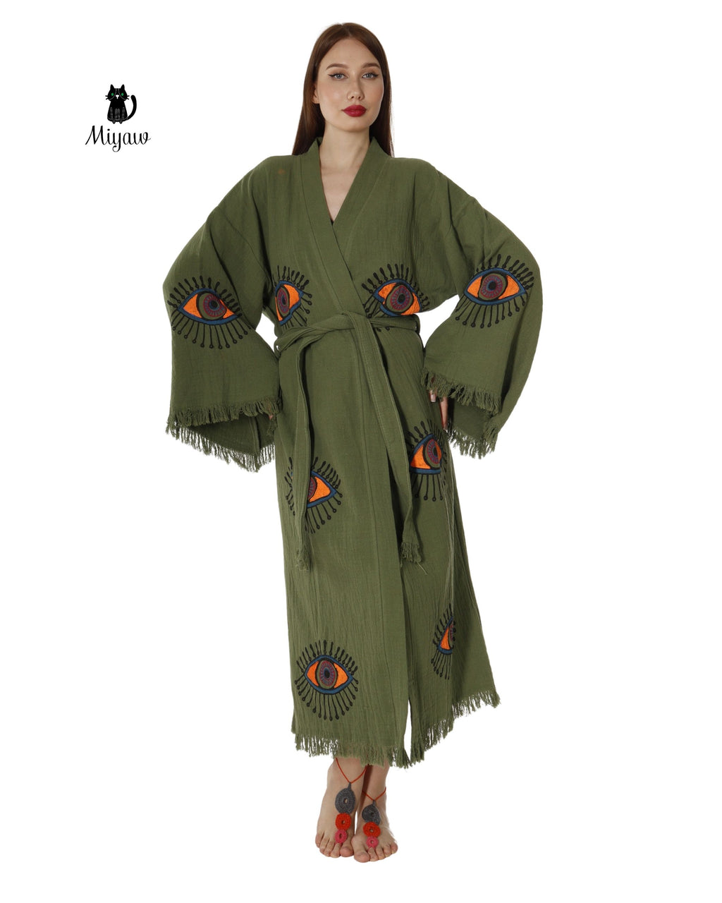 Boho Chic Green Organic Cotton Robe with Evil Eye Print