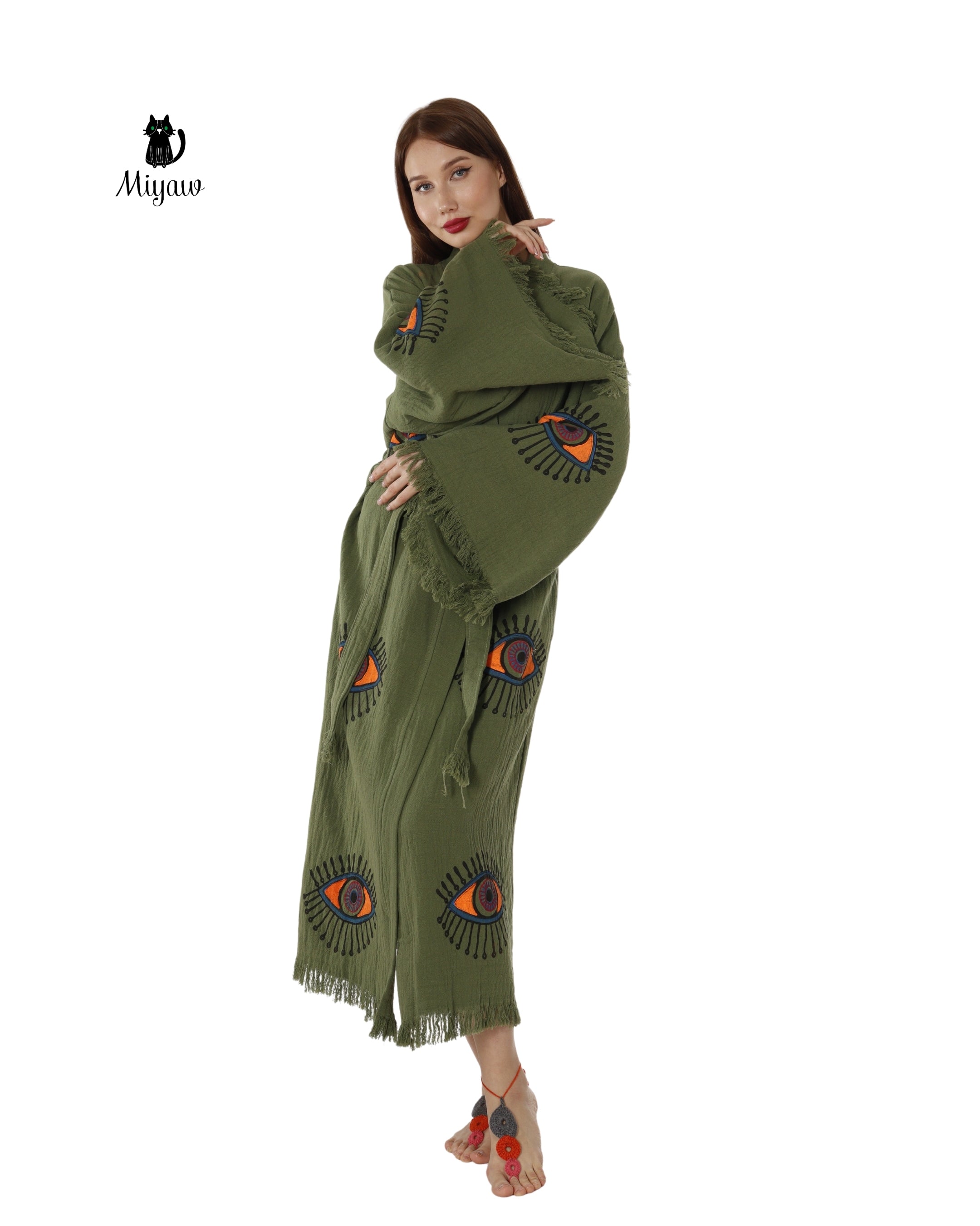 Boho Chic Green Organic Cotton Robe with Evil Eye Print