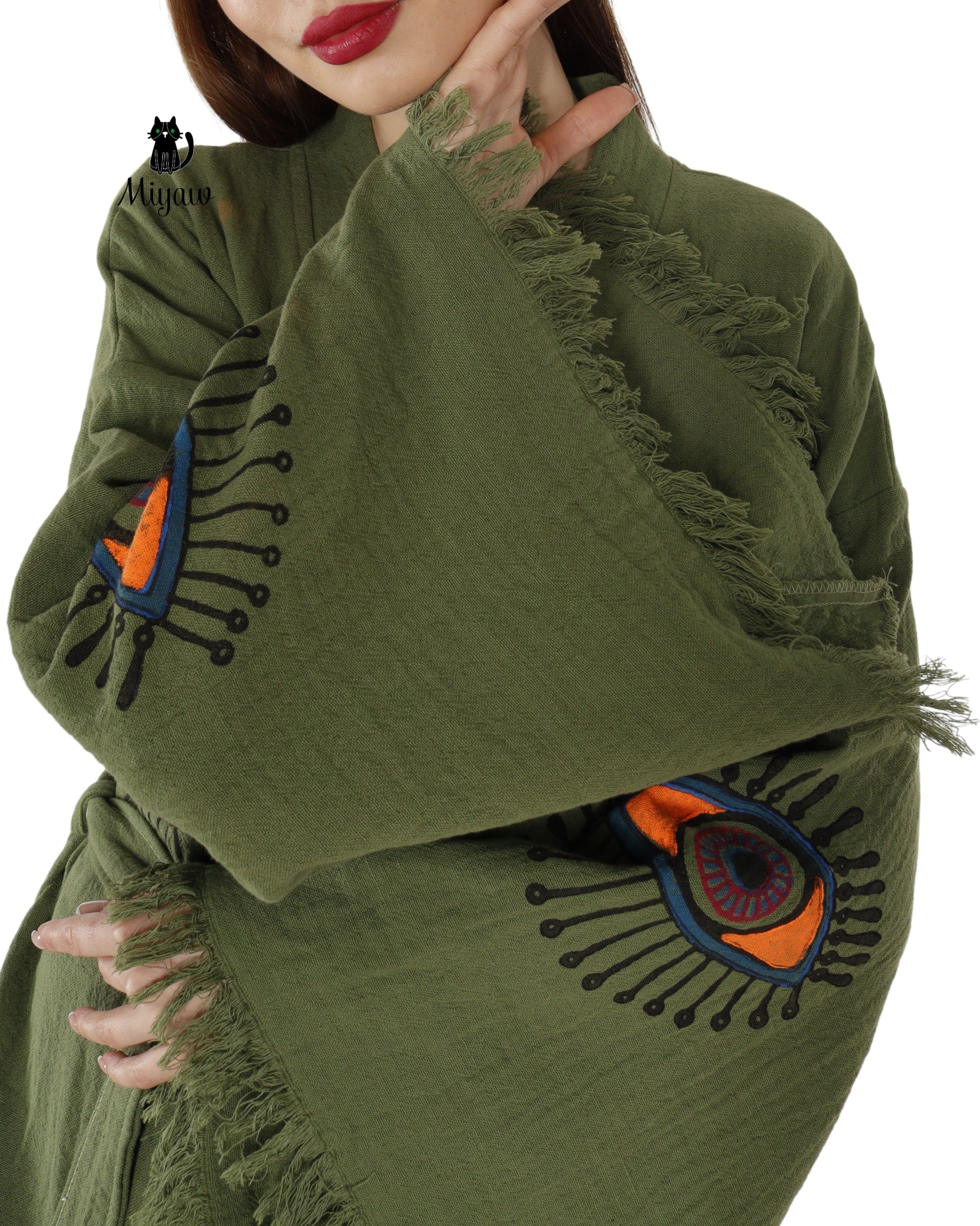 Boho Chic Green Organic Cotton Robe with Evil Eye Print