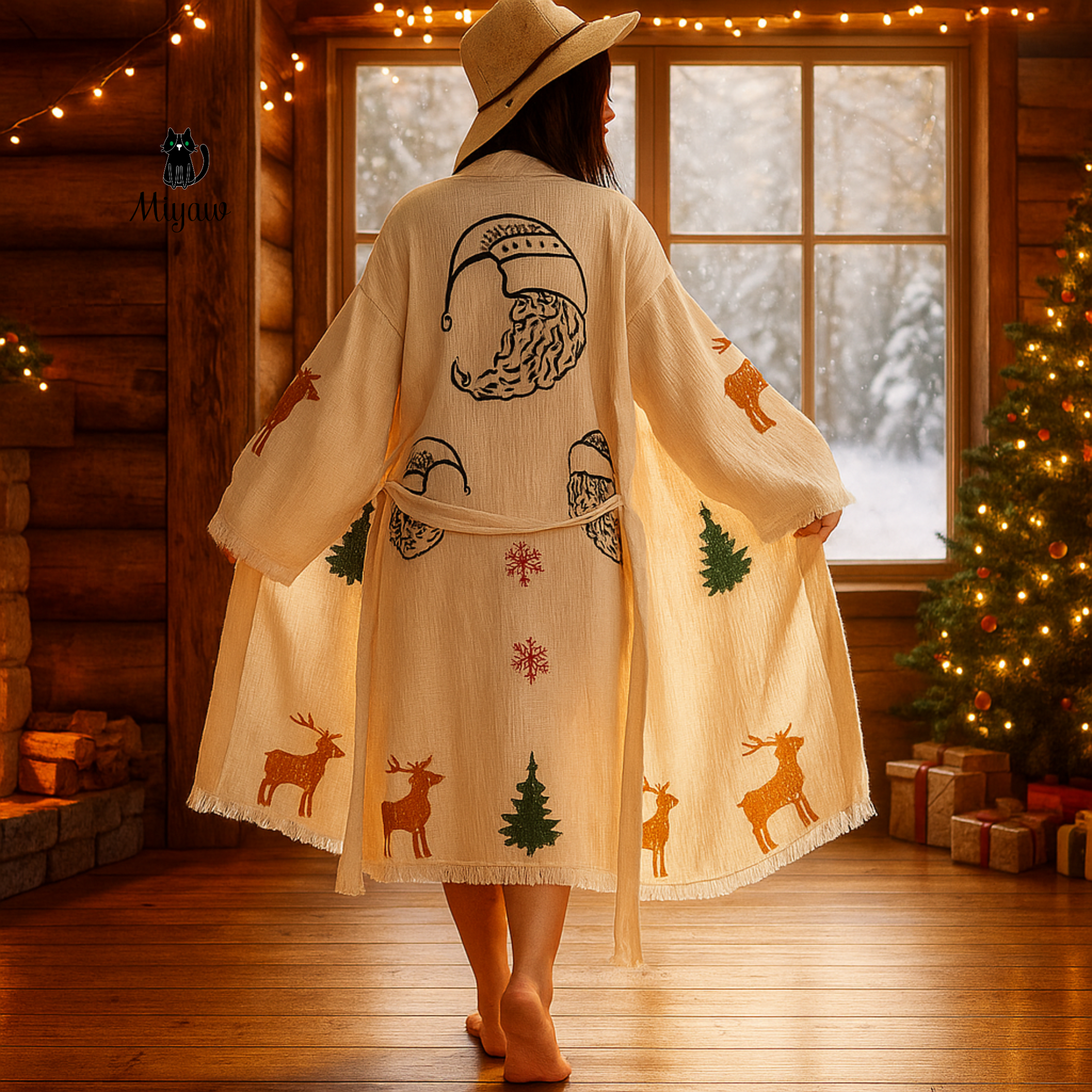 woman wearing your Christmas-themed robe with hand-stamped Santa hats, red snowflakes, green pine trees, and golden reindeer