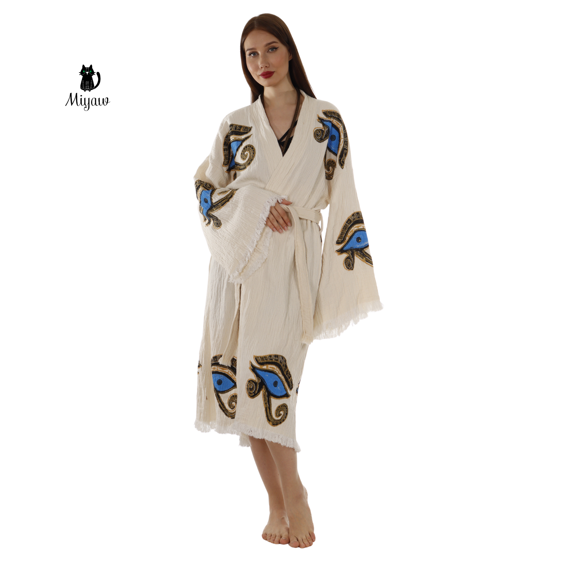 Handcrafted Eye of Horus Kimono Robe – Organic Cotton Boho Style in Beige