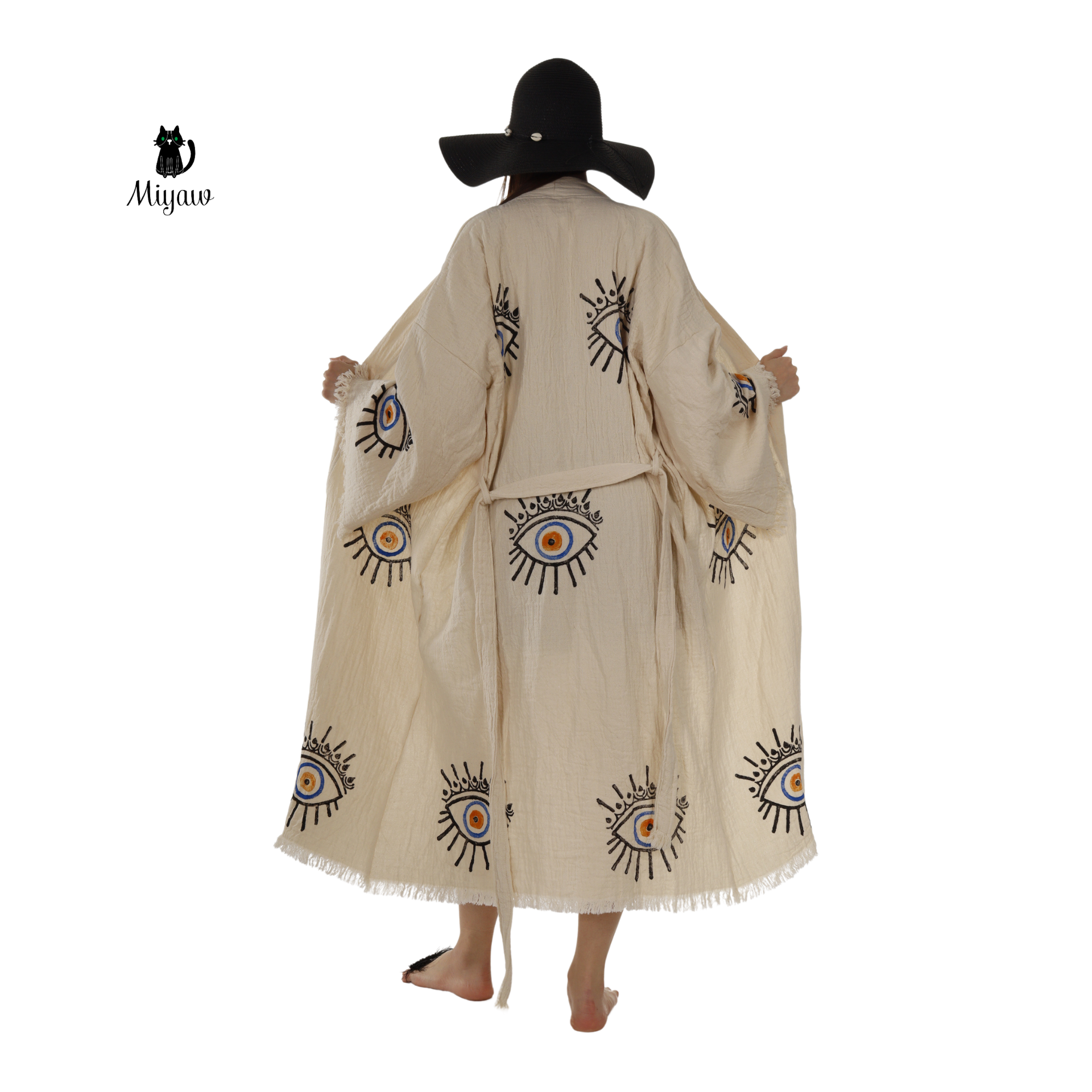 Handmade Beige Evil Eye Kimono Robe – Organic Cotton Boho Wear