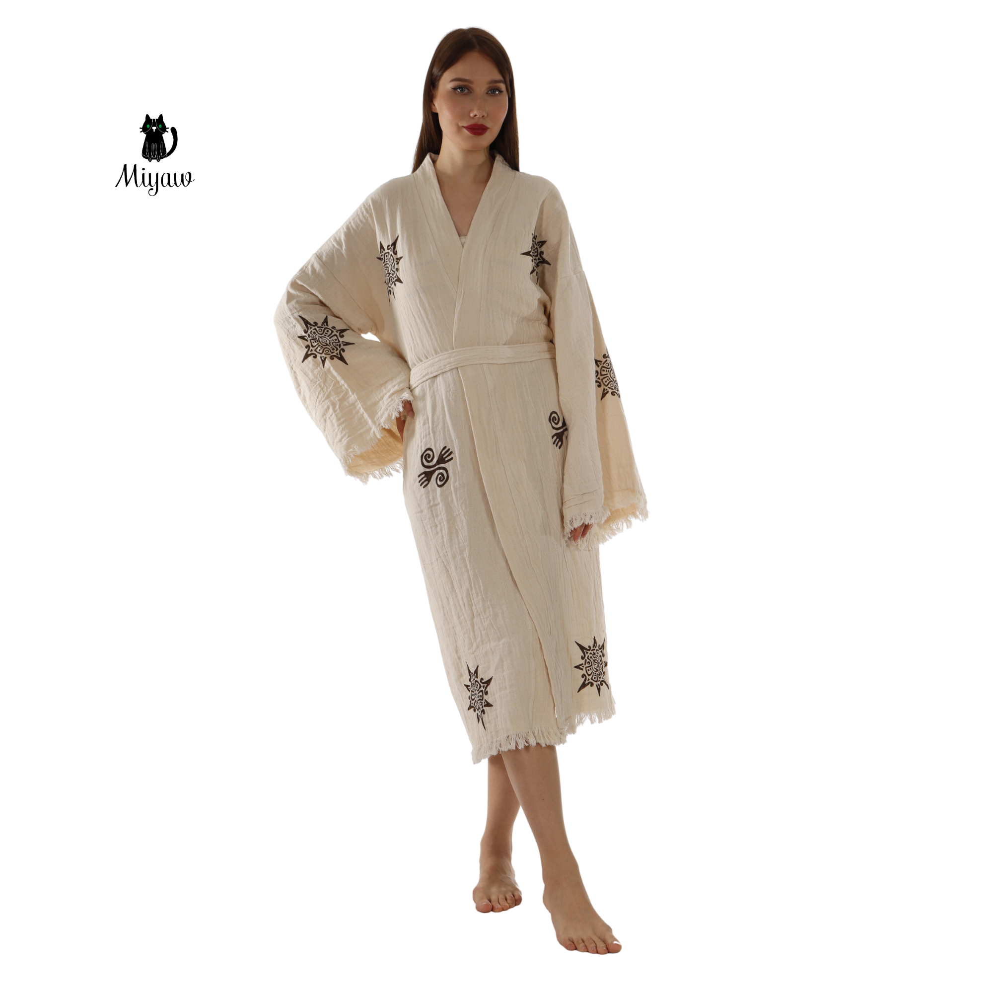 Aztec Robe Organic Cotton Aztec Kimono Robe – Boho Beige Cover-Up