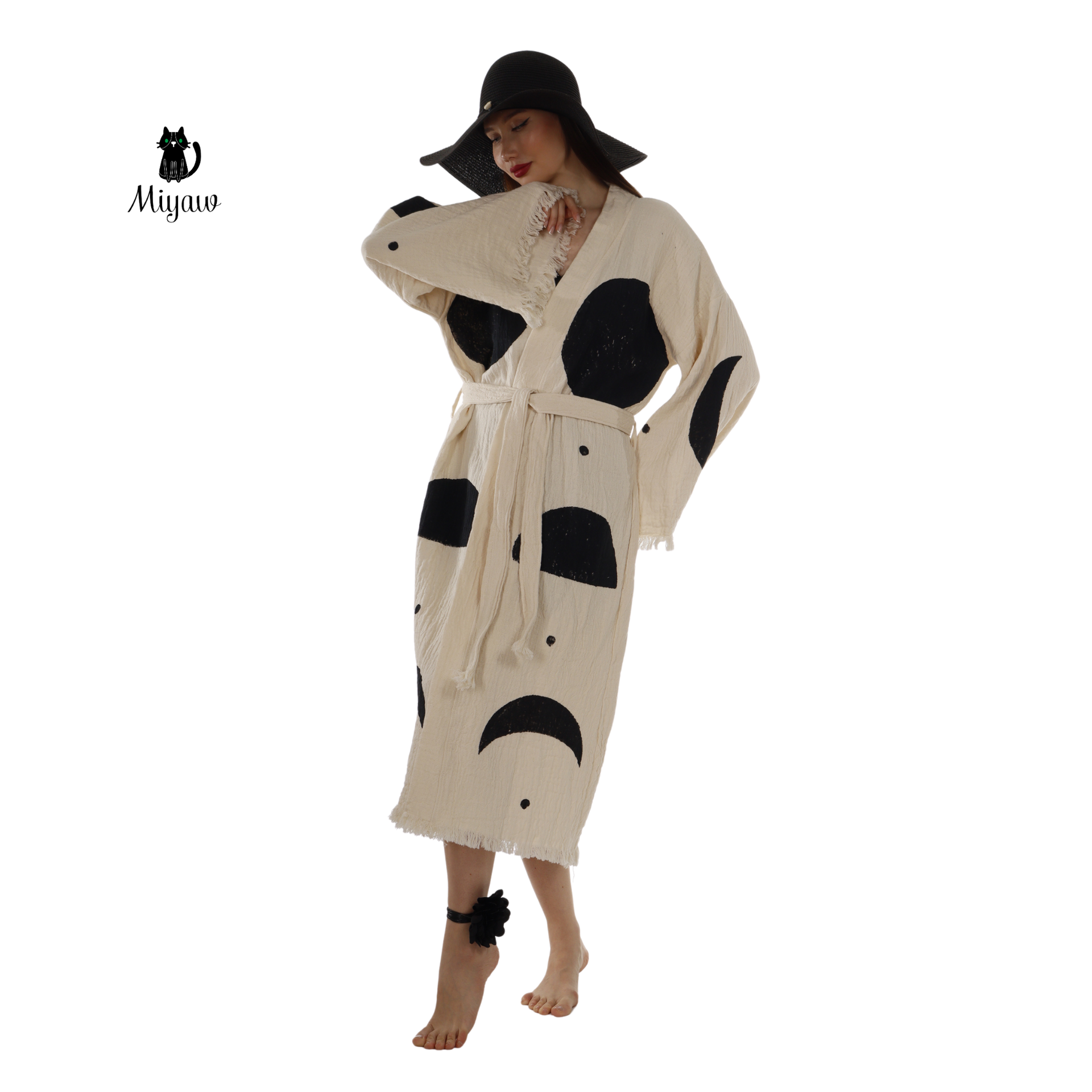 Natural Organic Cotton Kimono Robe with Black Circles