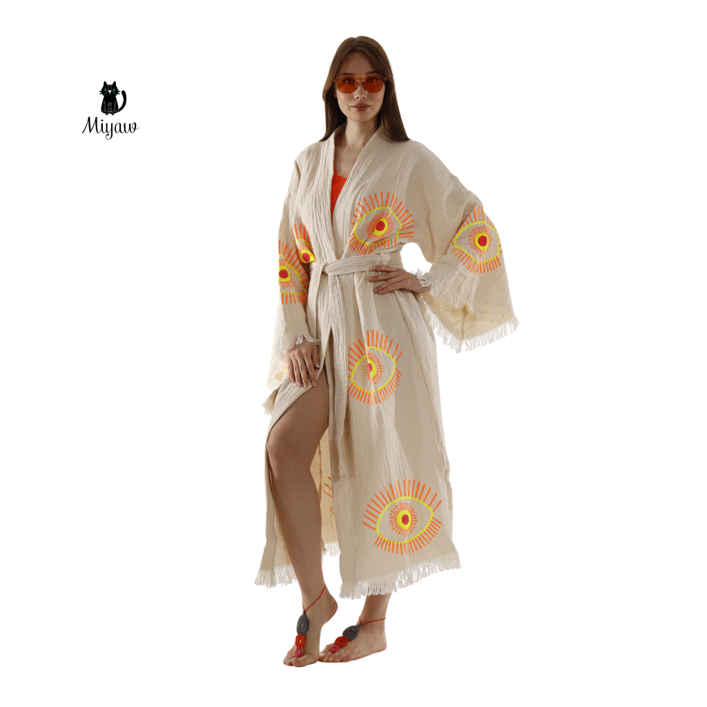 Beige Evil Eye Kimono Robe – Organic Cotton Boho Style