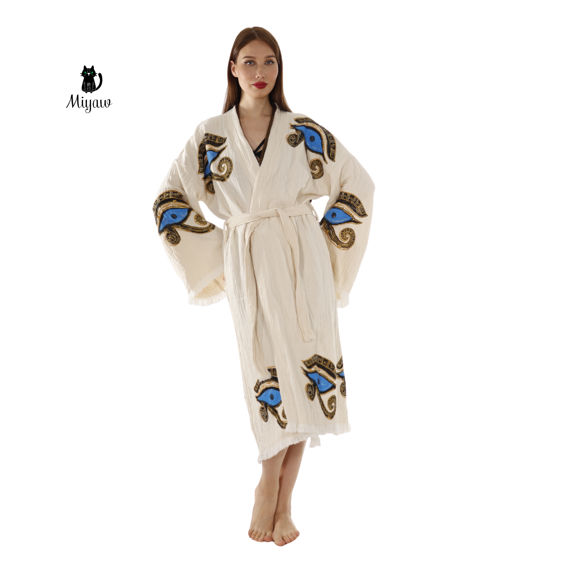 Handcrafted Eye of Horus Kimono Robe – Organic Cotton Boho Style in Beige