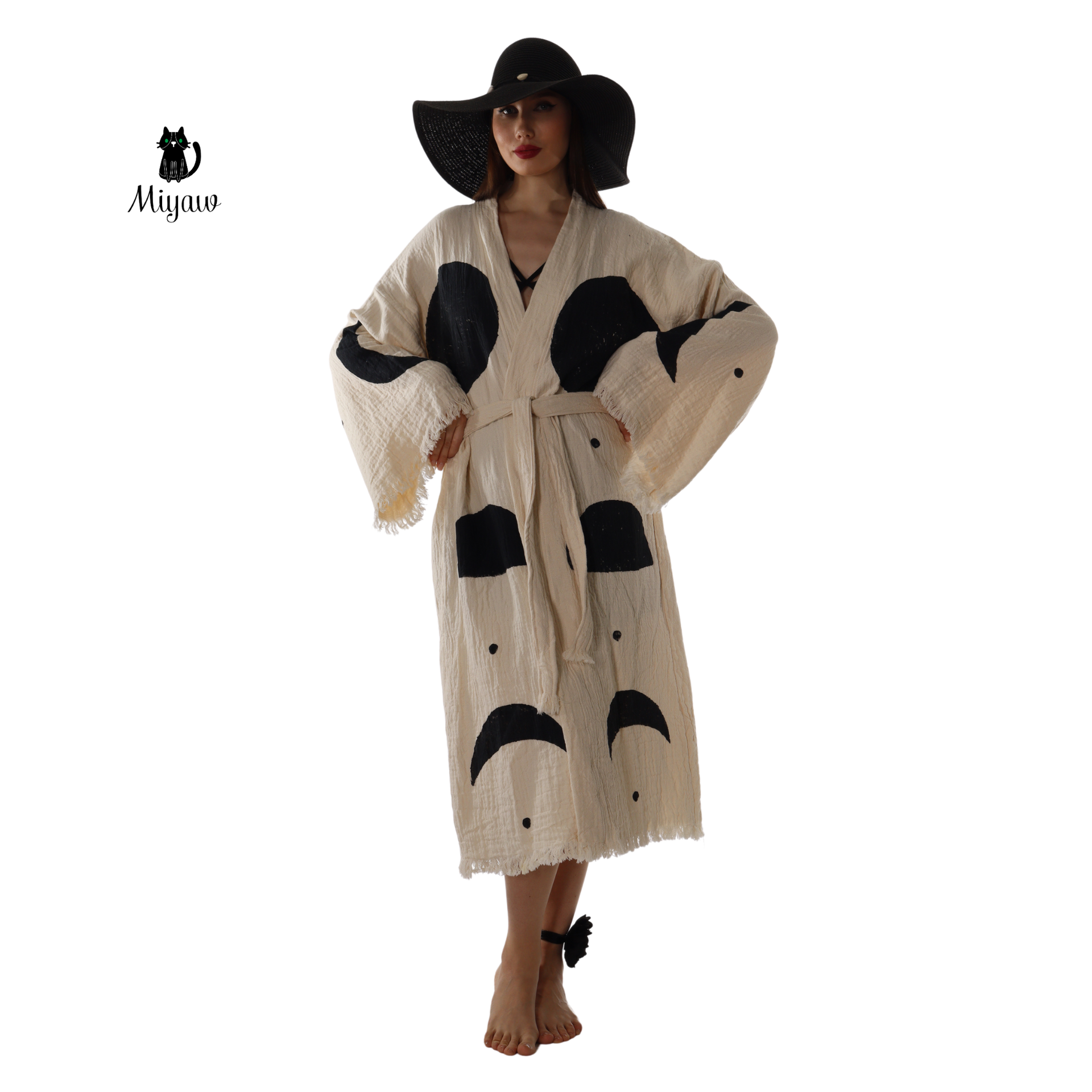 Natural Organic Cotton Kimono Robe with Black Circles