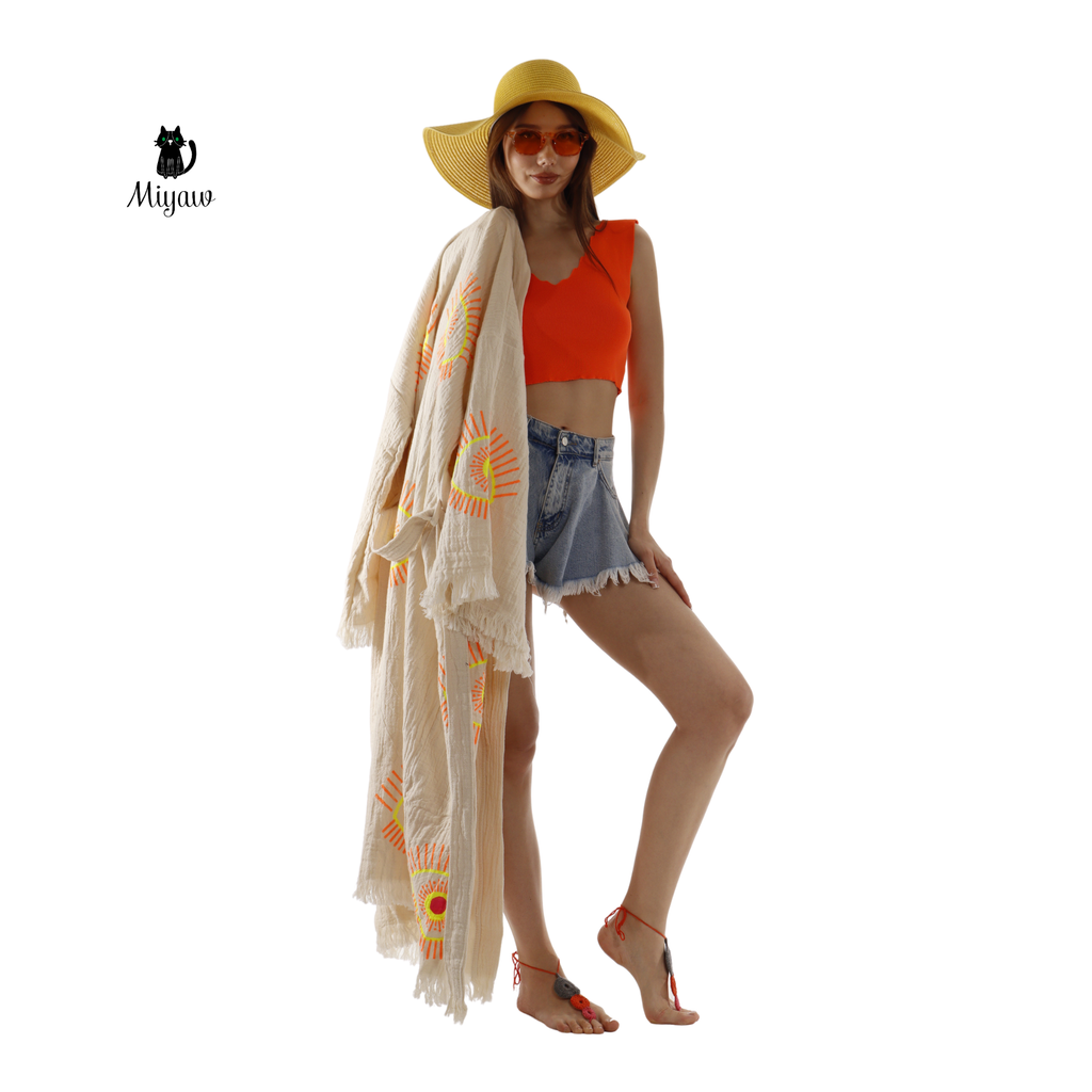 Beige Evil Eye Kimono Robe – Organic Cotton Boho Style