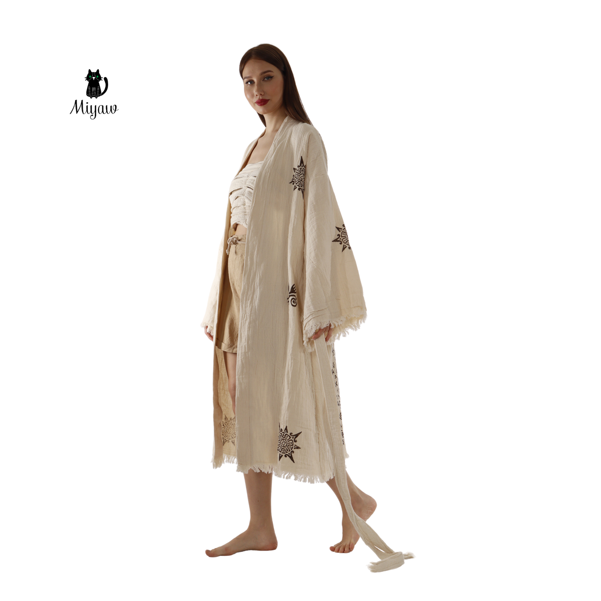 Organic Cotton Aztec Kimono Robe – Boho Beige Cover-Up