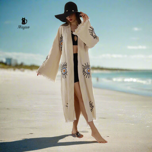 Handmade Beige Evil Eye Kimono Robe – Organic Cotton Boho Wear