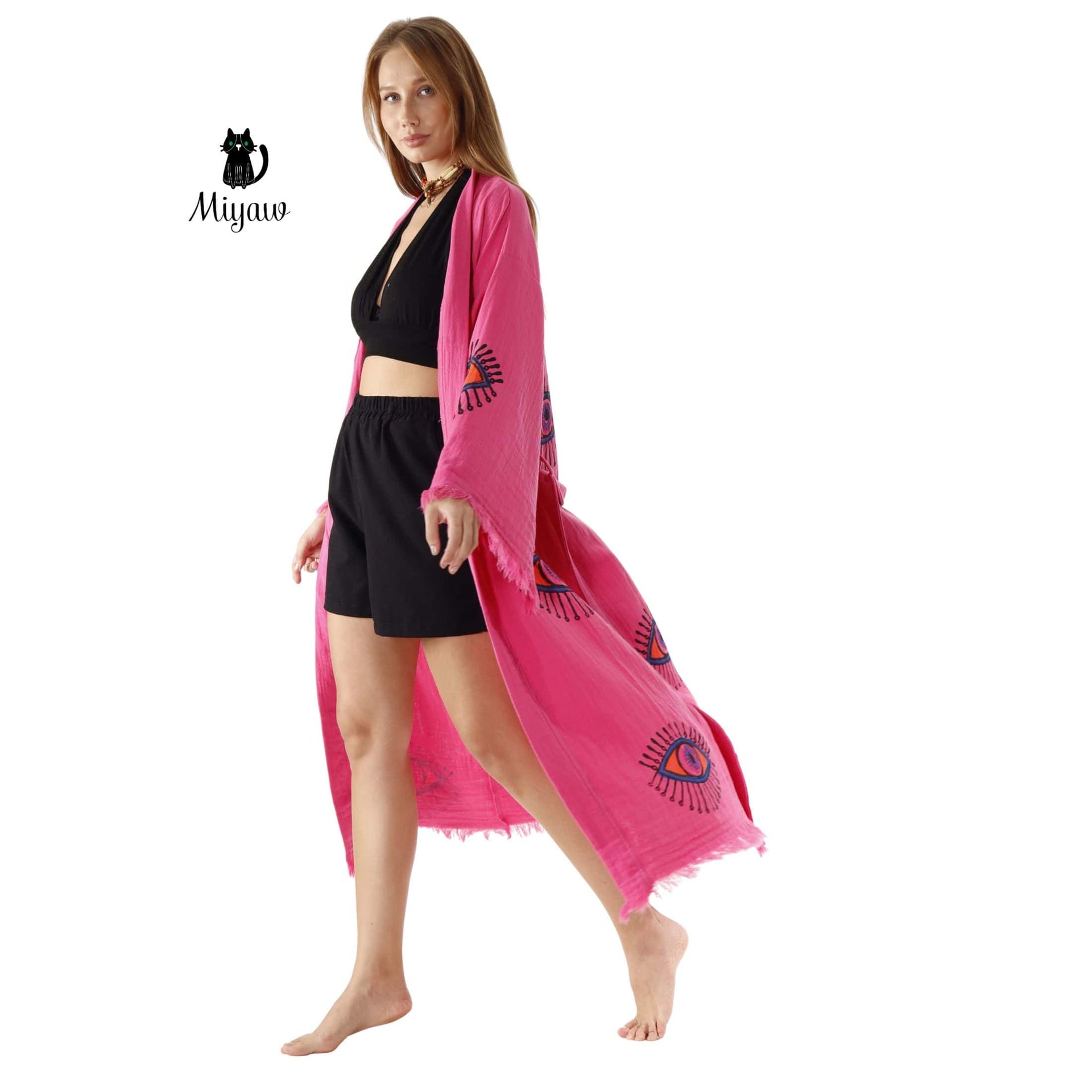 Pink Evil Eye Cotton Bathrobe – Boho Protective Kimono Robe