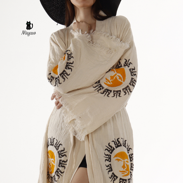 Boho Aztec Sun Kimono Robe – Organic Cotton Natural