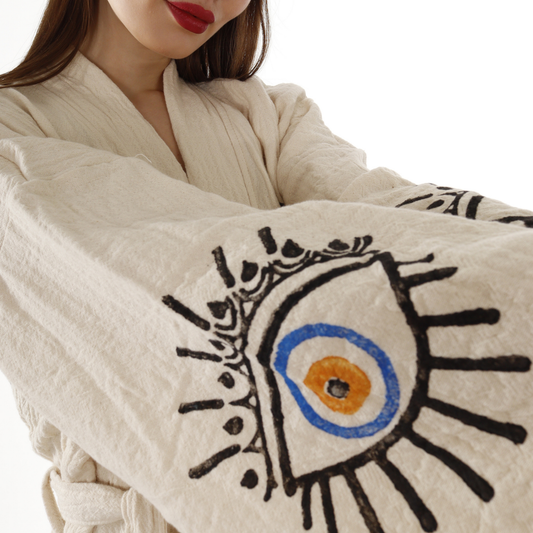 Handmade Beige Evil Eye Kimono Robe – Organic Cotton Boho Wear