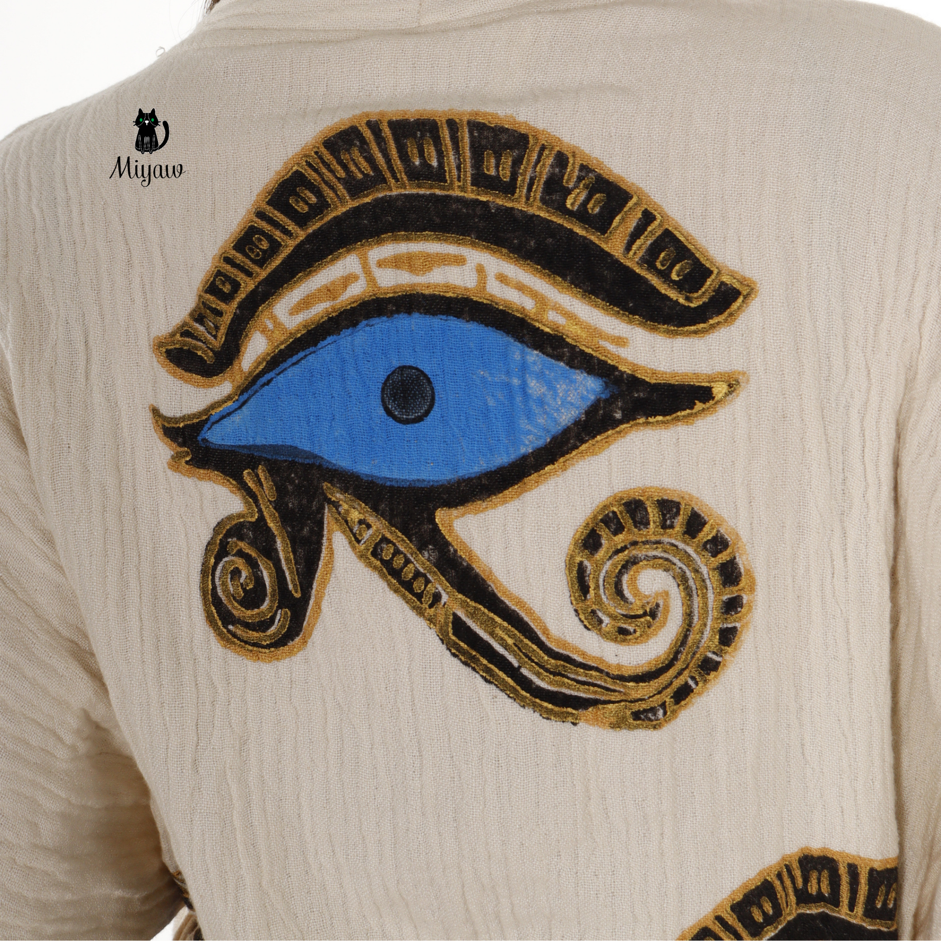 Handcrafted Eye of Horus Kimono Robe – Organic Cotton Boho Style in Beige
