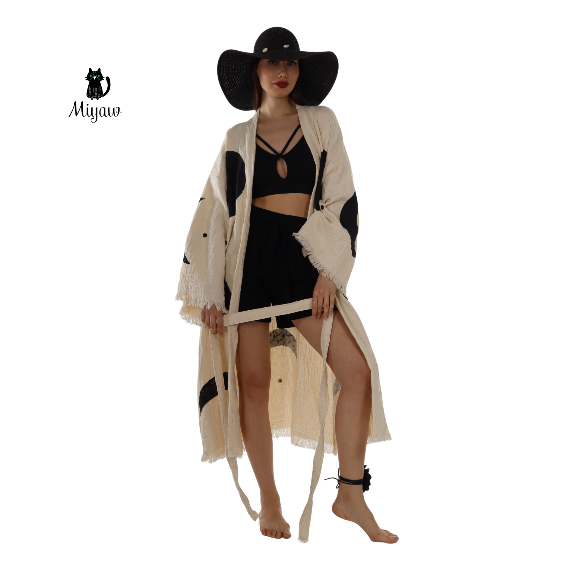 Natural Organic Cotton Kimono Robe with Black Circles