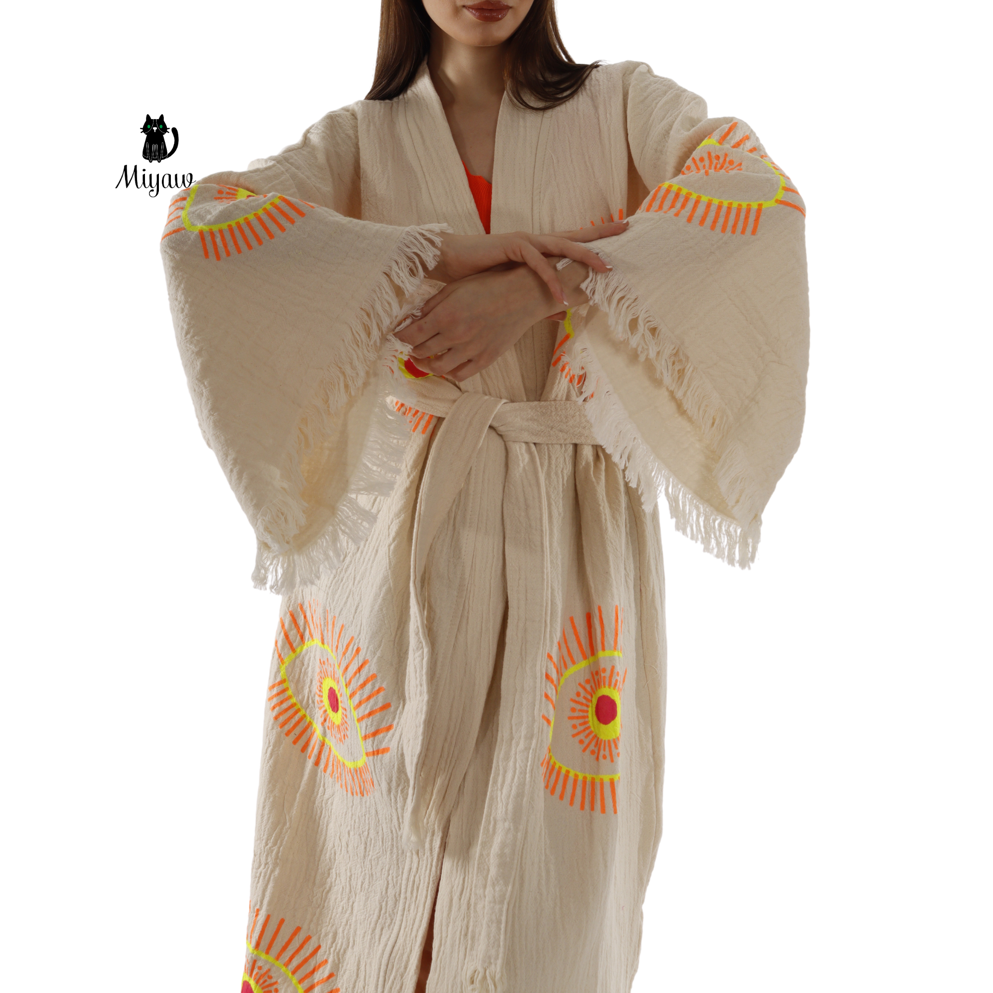 Beige Evil Eye Kimono Robe – Organic Cotton Boho Style