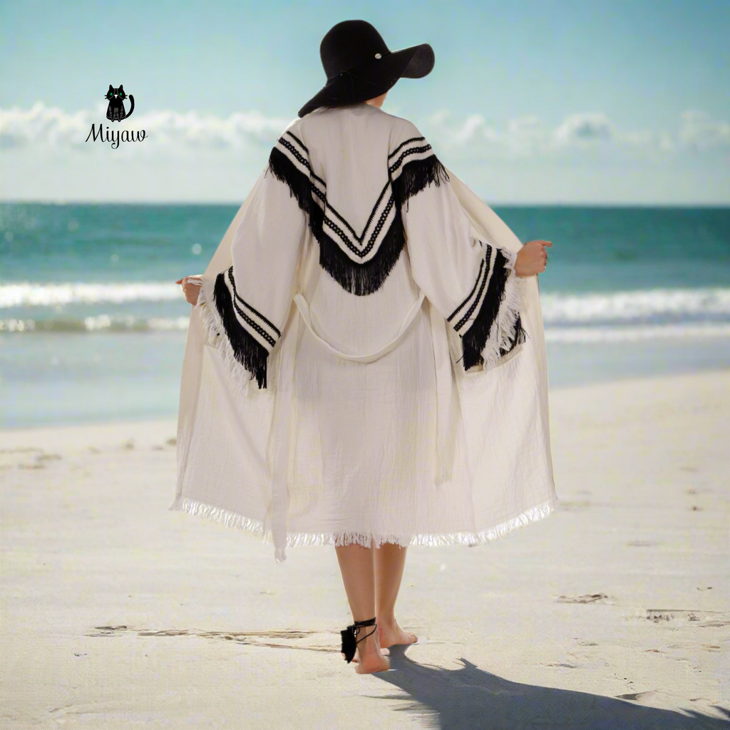 White Kimono Robe with Black Fringe – Boho Western Style