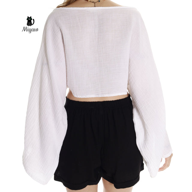 Boho crop top with long sleeves and boat neck