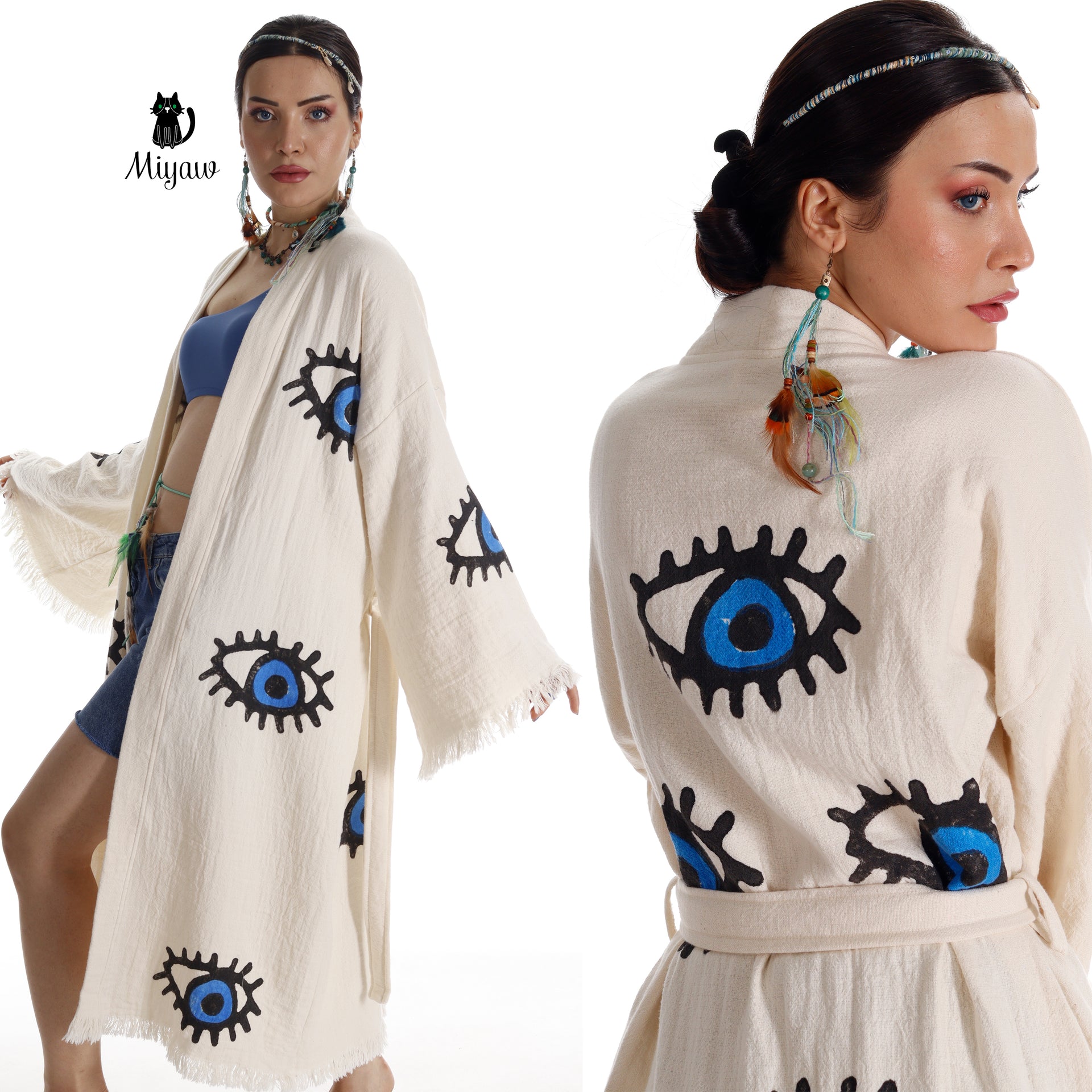 Organic Cotton Beach Kimono: Handmade Robe for Eco-Conscious Relaxation - Miyawfashion