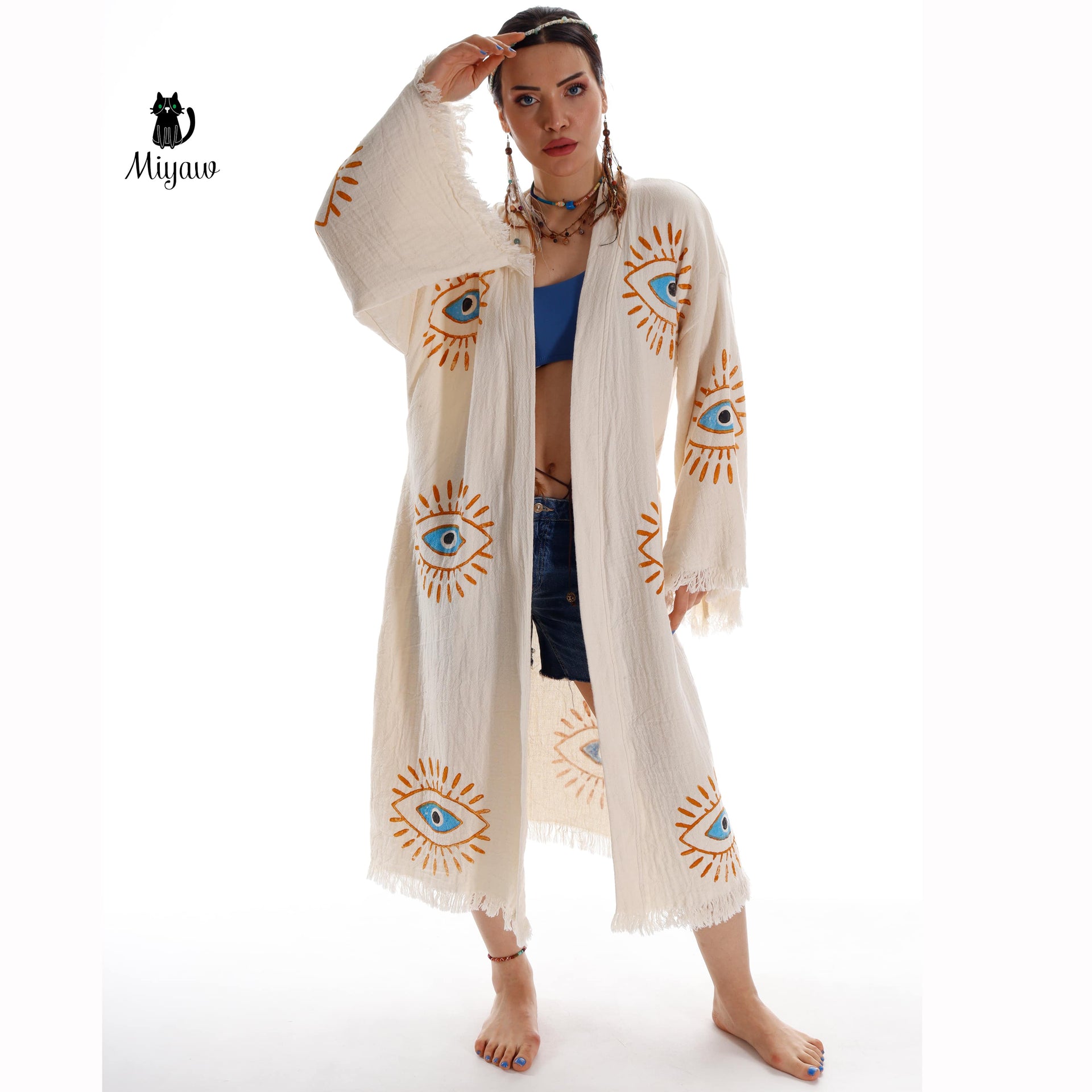 Handmade Cotton Kimono Robe - Eco-Friendly Morning Robe - Miyawfashion