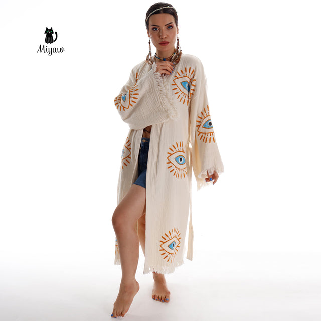 Handmade Cotton Kimono Robe - Eco-Friendly Morning Robe - Miyawfashion
