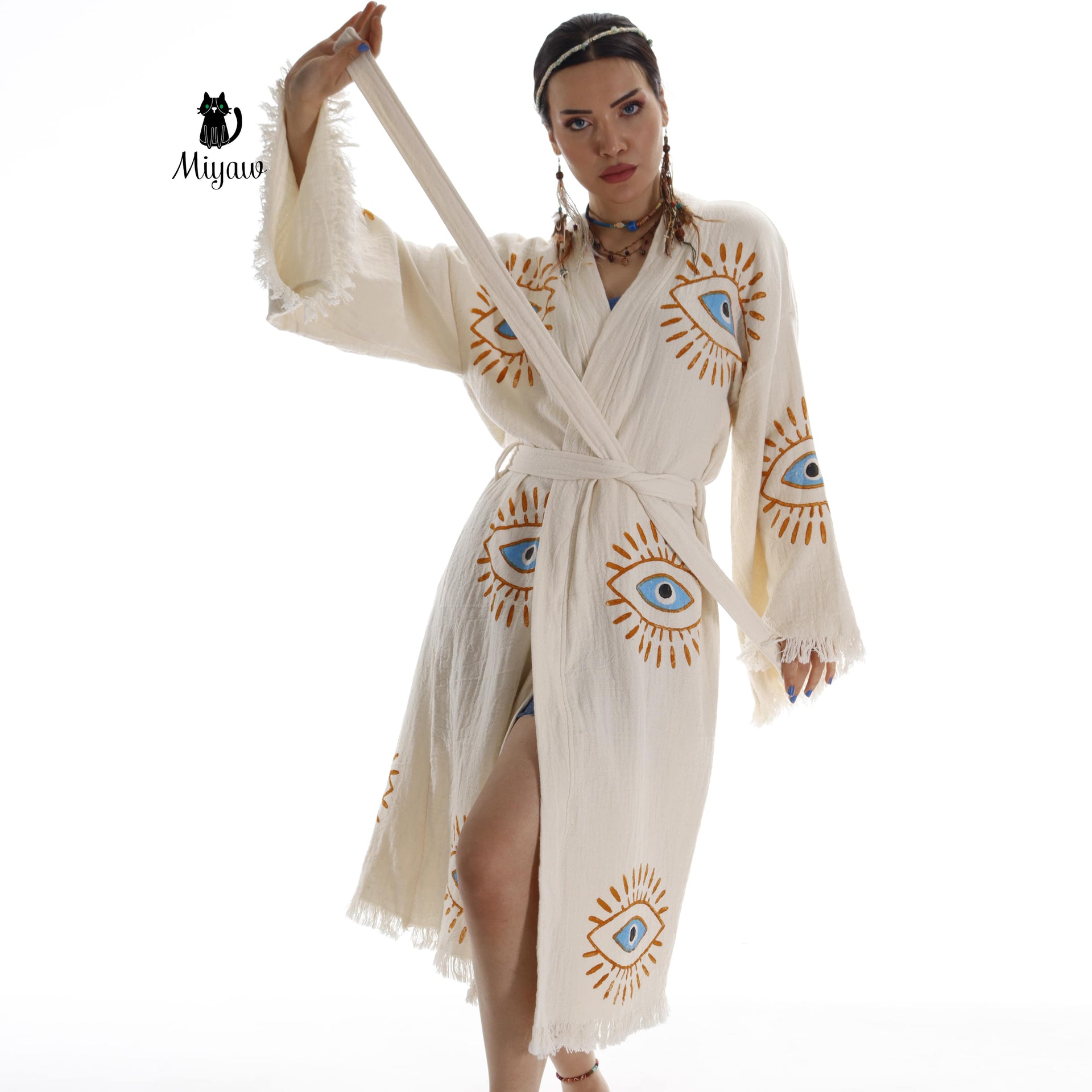 Handmade Cotton Kimono Robe - Eco-Friendly Morning Robe - Miyawfashion