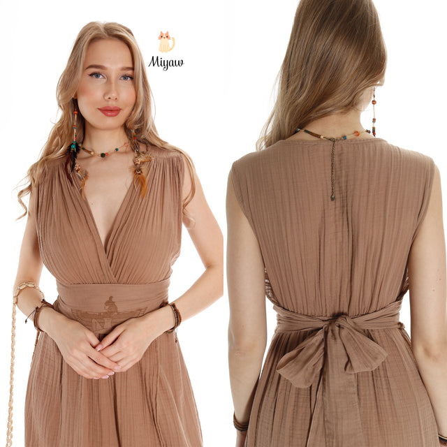 Boho Cotton Goddess Dress: Short Sleeve Resort Wear - Ethereal and Elegant - Miyawfashion