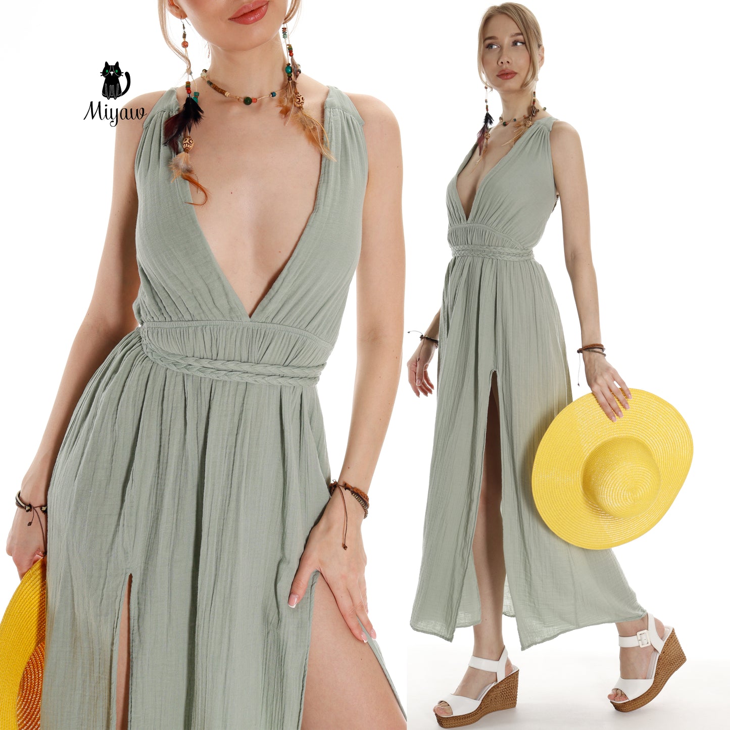 Boho Greek Goddess Organic Cotton Dress - Ethereal Summer Beach Style - Miyawfashion Miyawfashion