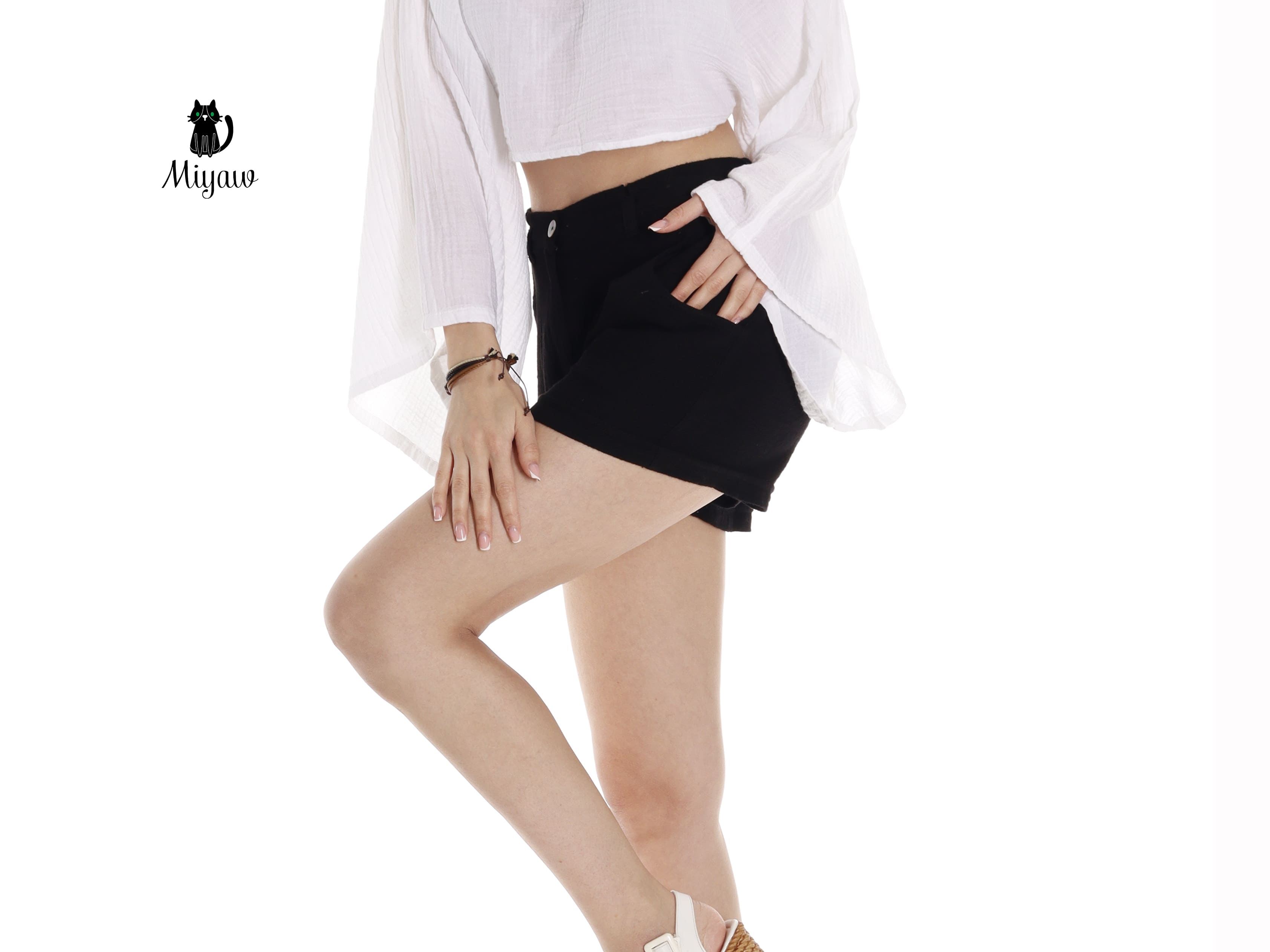 Black Women's Cotton Shorts with Pockets - Resort Chic Must-Have - Miyawfashion