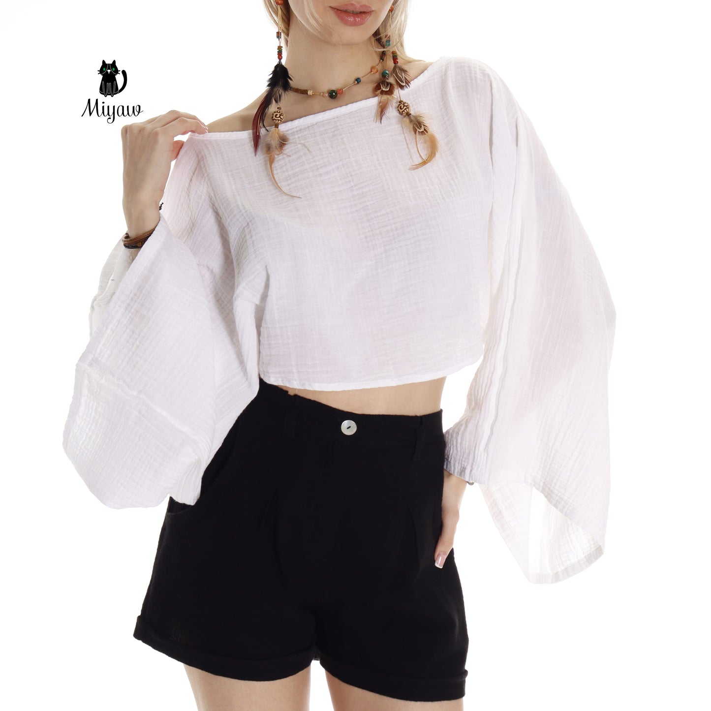 Boho Chic Cotton Crop Top | Long Sleeve Boat Neck Women's Top