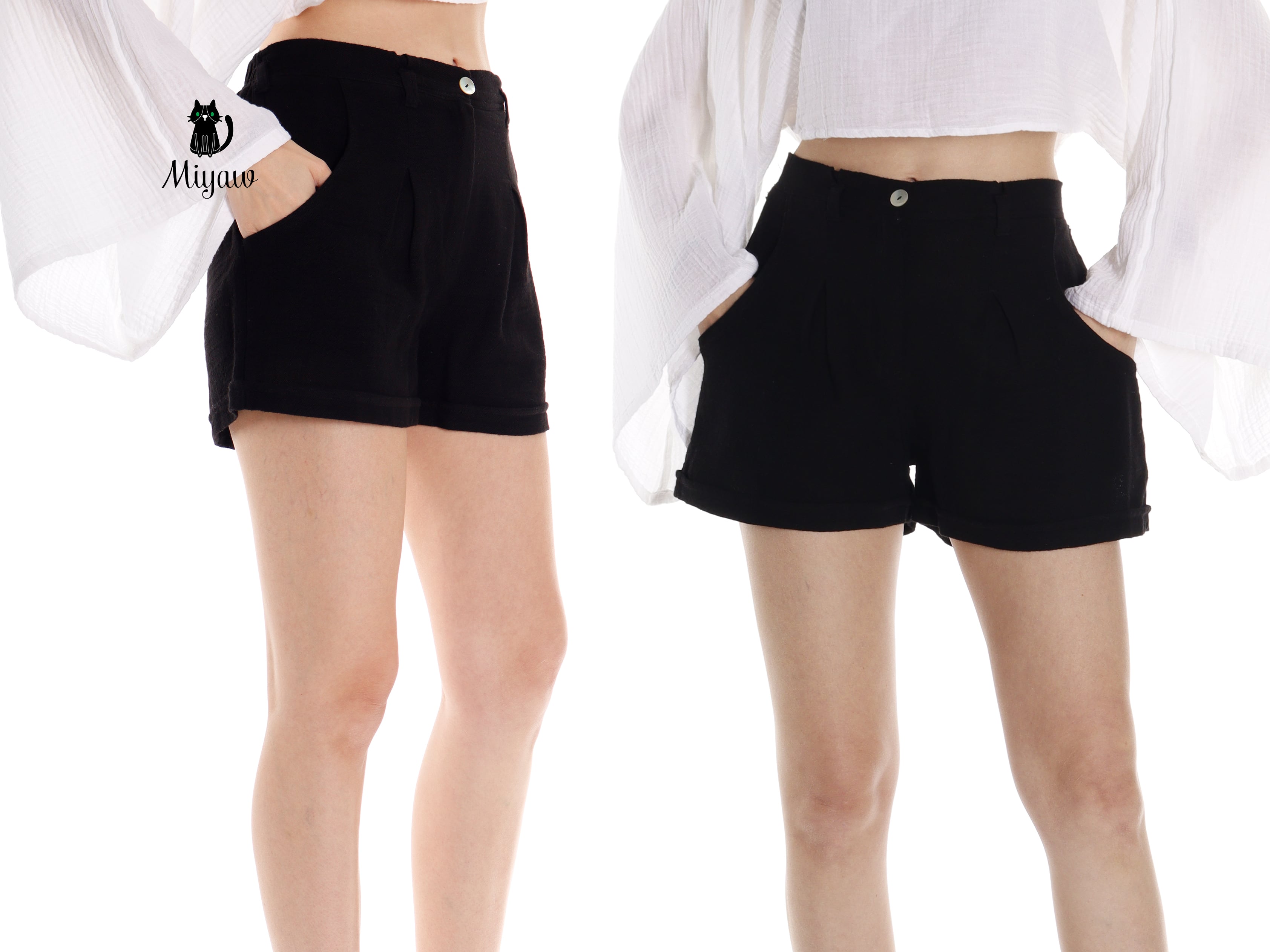 Black Women's Cotton Shorts with Pockets - Resort Chic Must-Have - Miyawfashion