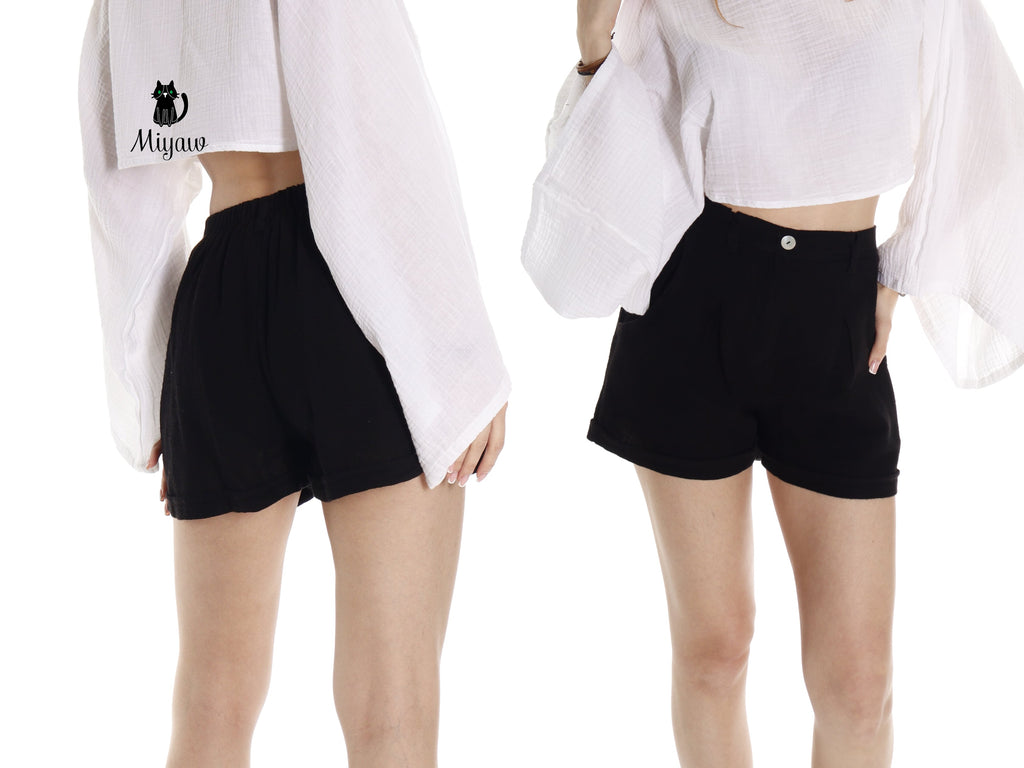 Black Women's Cotton Shorts with Pockets - Resort Chic Must-Have - Miyawfashion