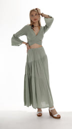 Women Green Cotton Skirt Boho Style with Side Slit - Miyawfashion
