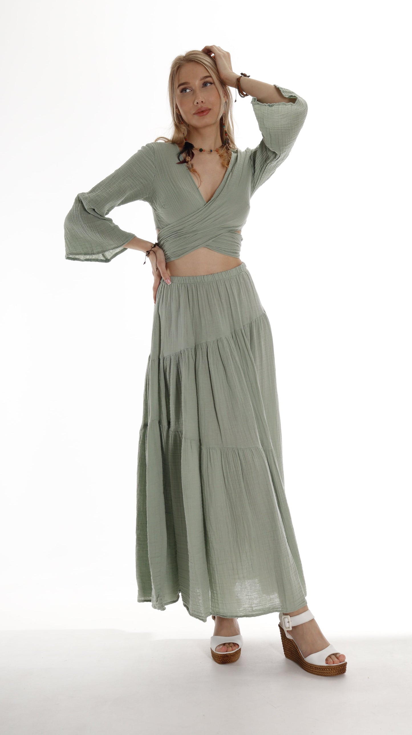 Boho Chic Green Layered Cotton Maxi Skirt with Side Slit Miyawfashion