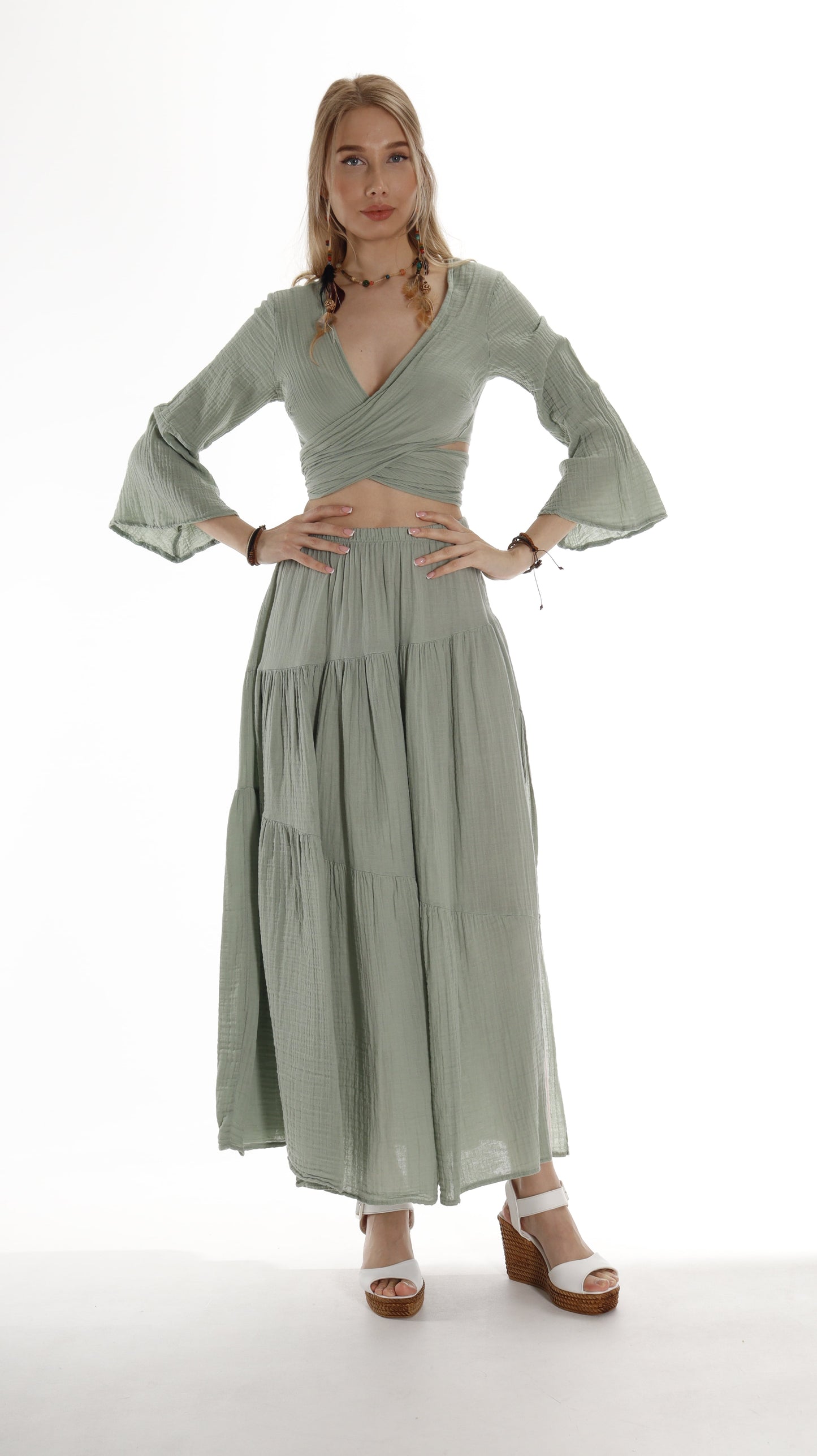 Boho Chic Green Layered Cotton Maxi Skirt with Side Slit Miyawfashion