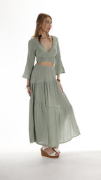Women Green Cotton Skirt Boho Style with Side Slit - Miyawfashion