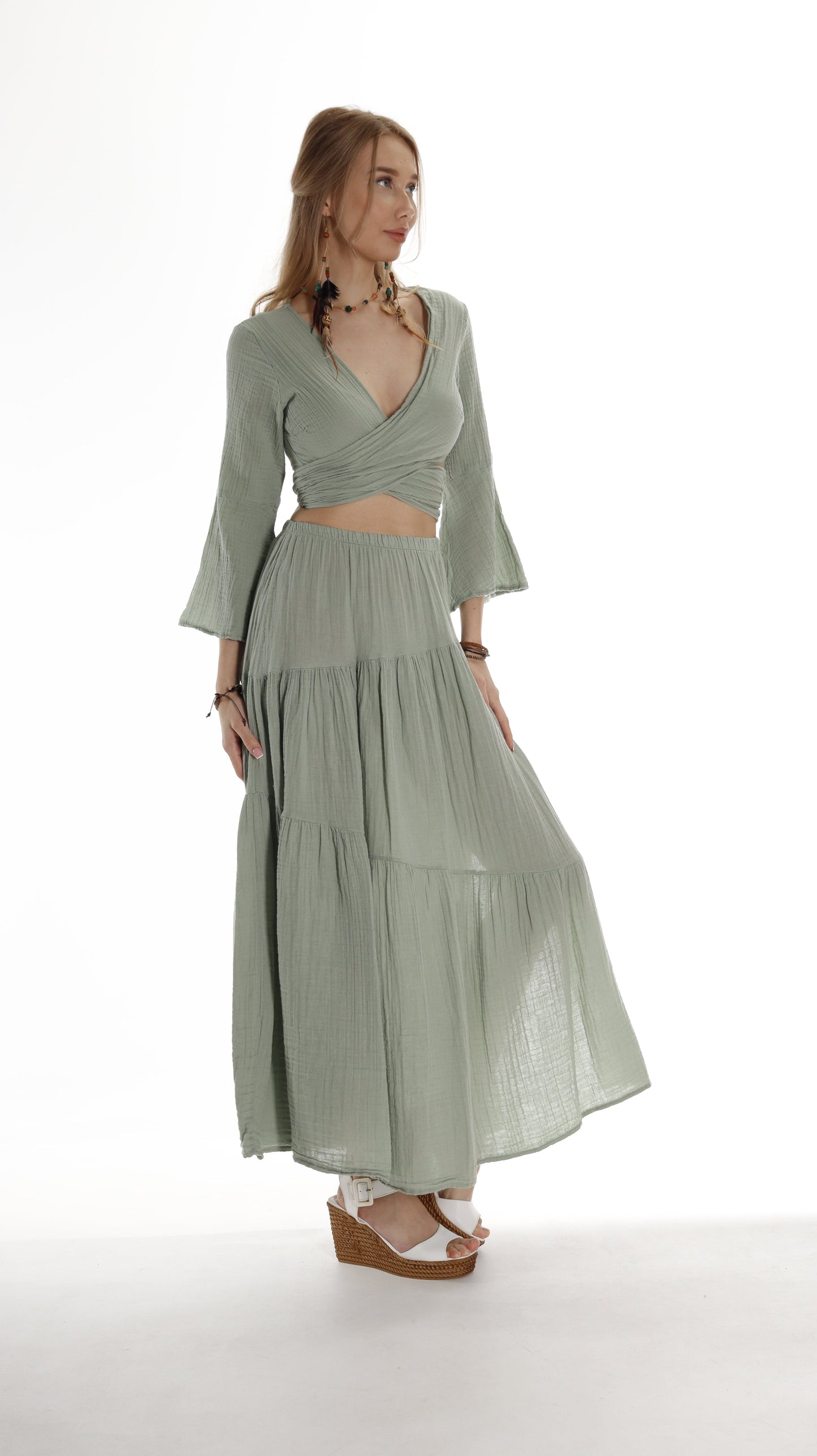 Boho Chic Green Layered Cotton Maxi Skirt with Side Slit Miyawfashion