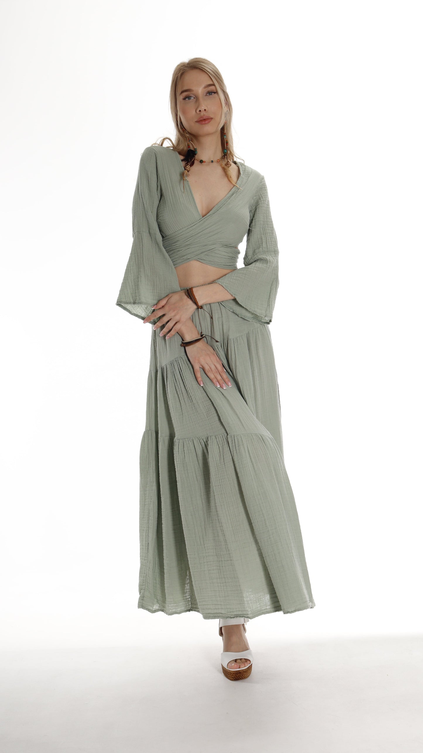 Boho Chic Green Layered Cotton Maxi Skirt with Side Slit Miyawfashion