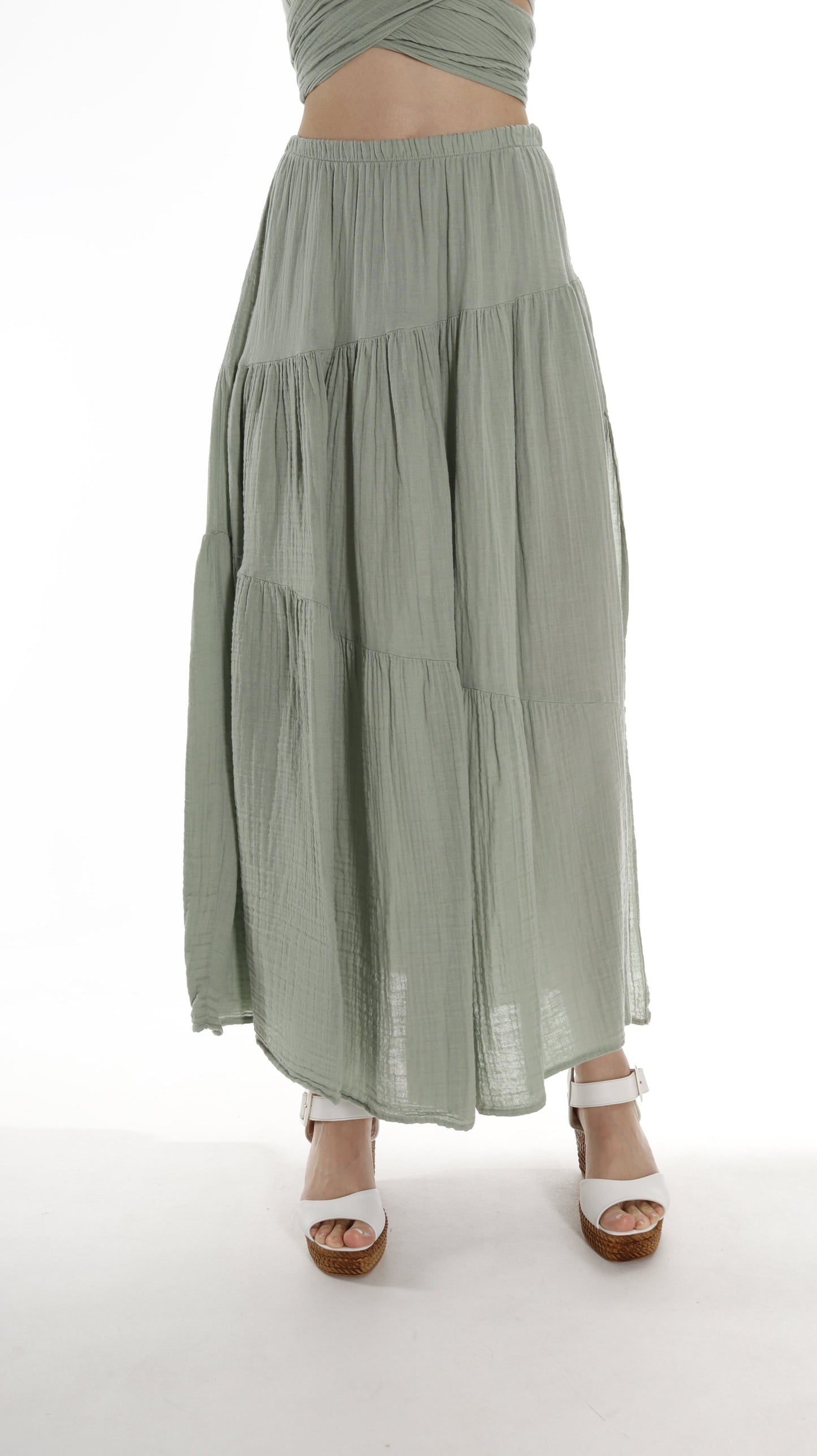 Boho Chic Green Layered Cotton Maxi Skirt with Side Slit Miyawfashion