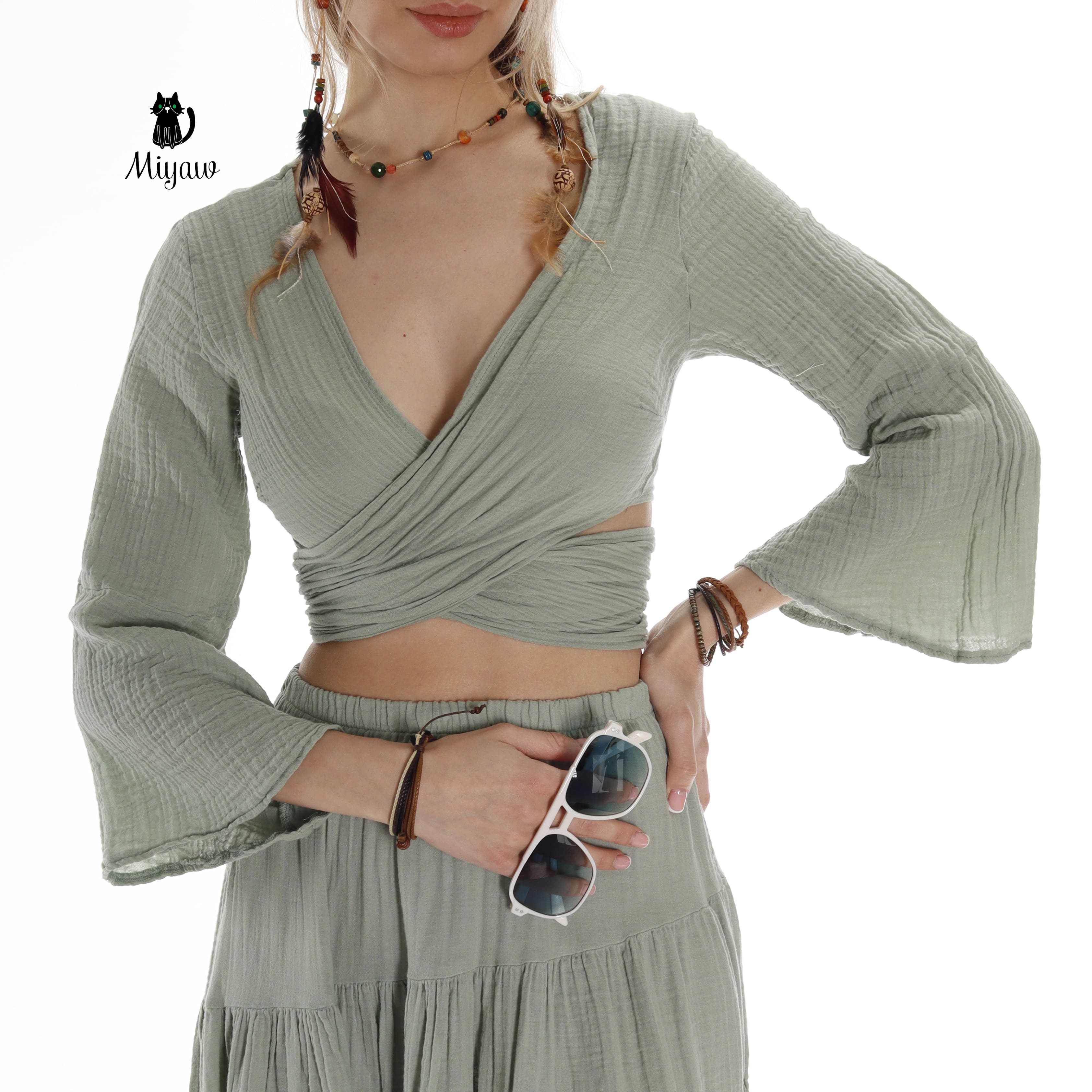 Boho Green Summer Cotton Tie Top - Resort Wear Essential - Miyawfashion