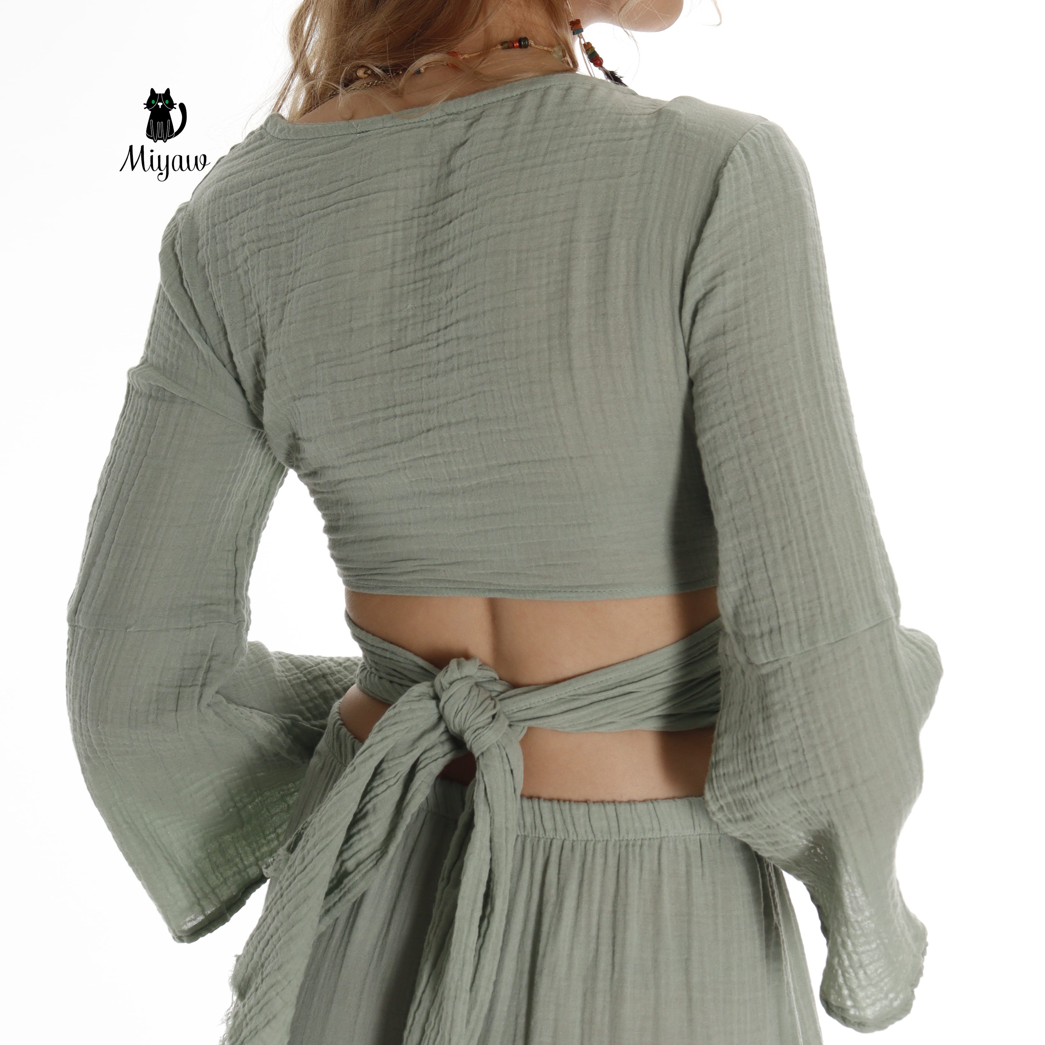 Boho Green Summer Cotton Tie Top - Resort Wear Essential - Miyawfashion